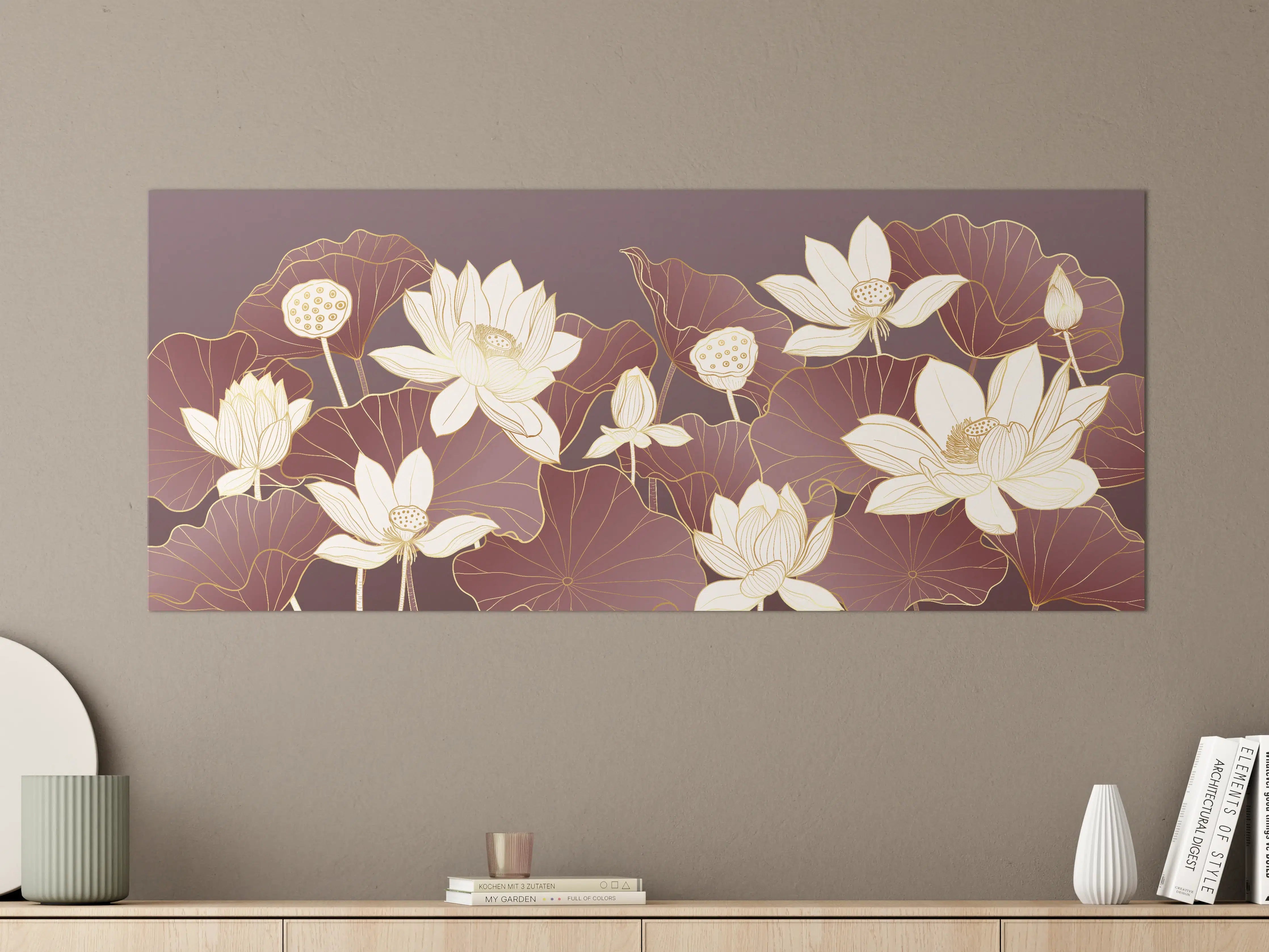 Große Wandbilder - Elegante Lotusblüten auf dunkelviolettem Hintergrund