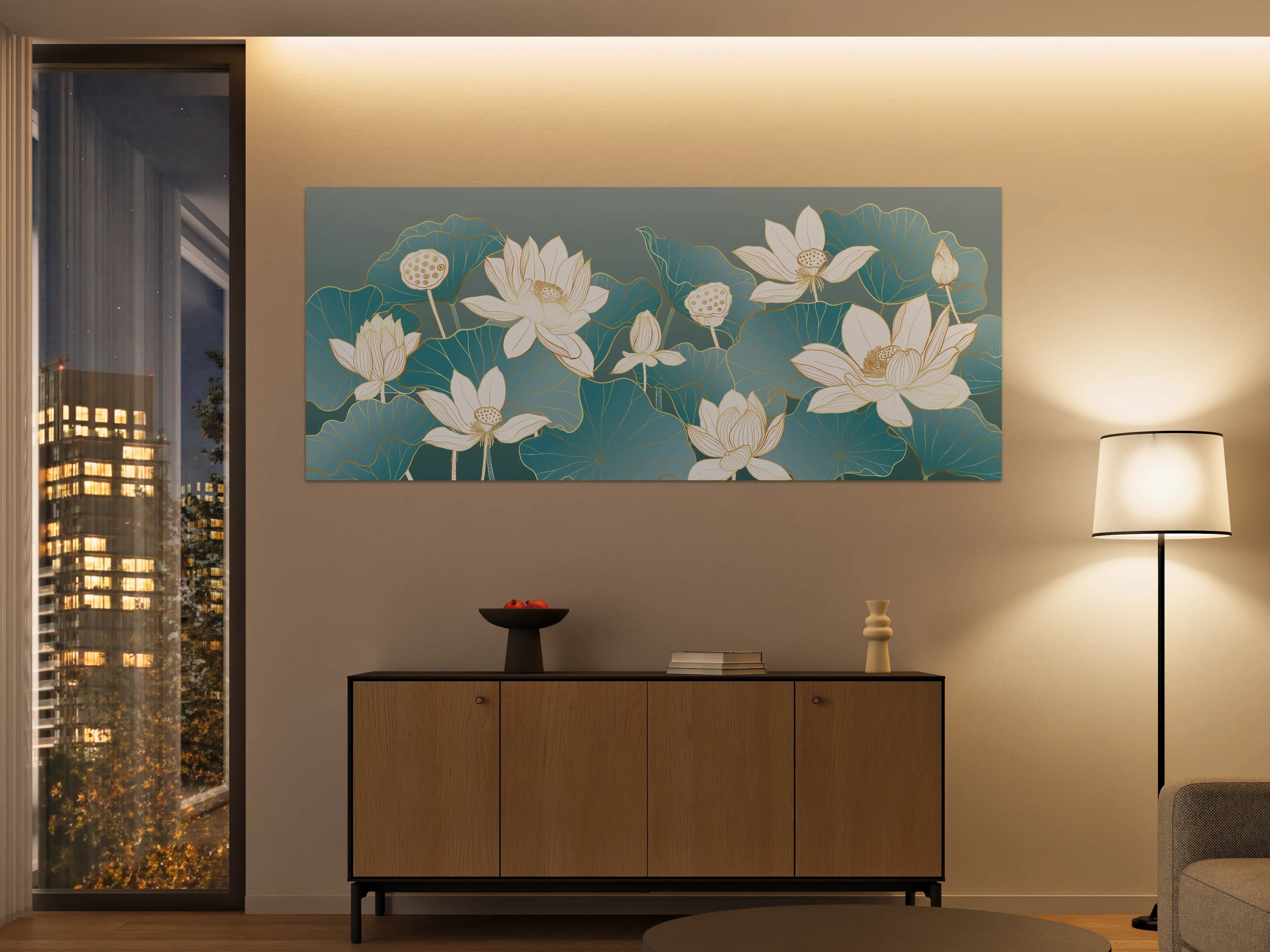 Große Wandbilder - Elegante Lotusblüten mit Goldakzenten