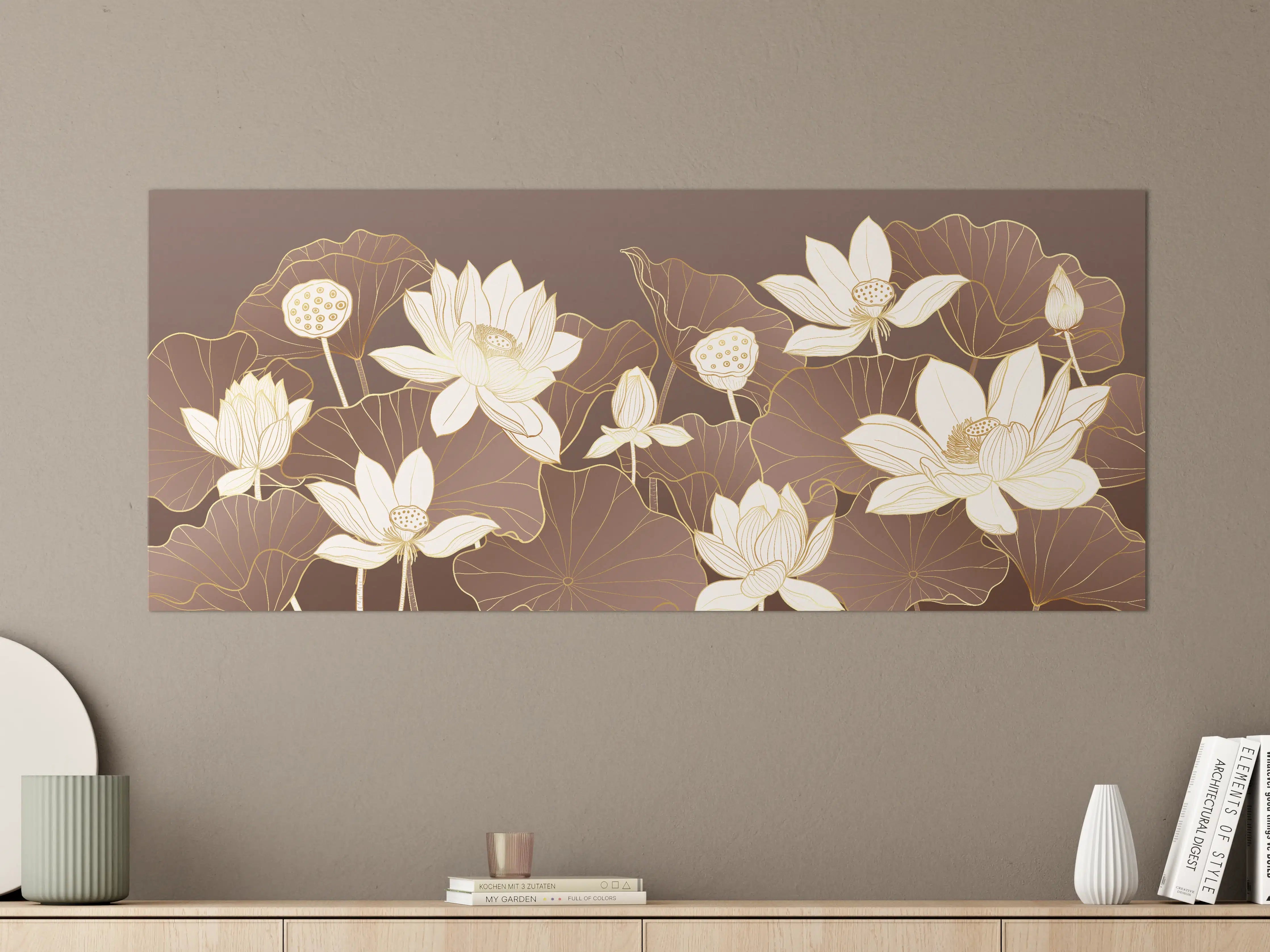 Große Wandbilder - Elegante Lotusblumen in Creme und Taupe