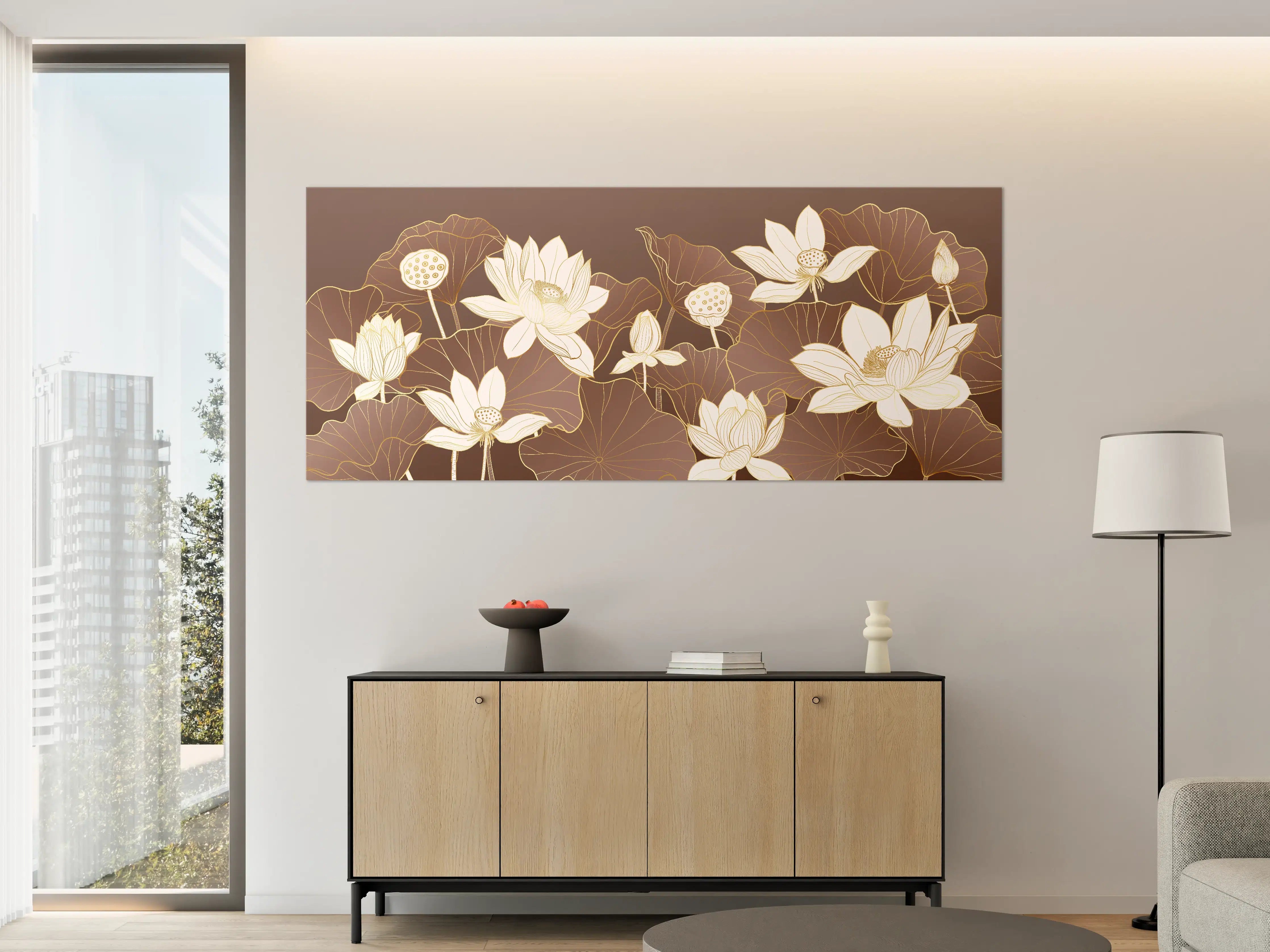 Große Wandbilder - Elegante Lotusblumen in Creme und Taupe