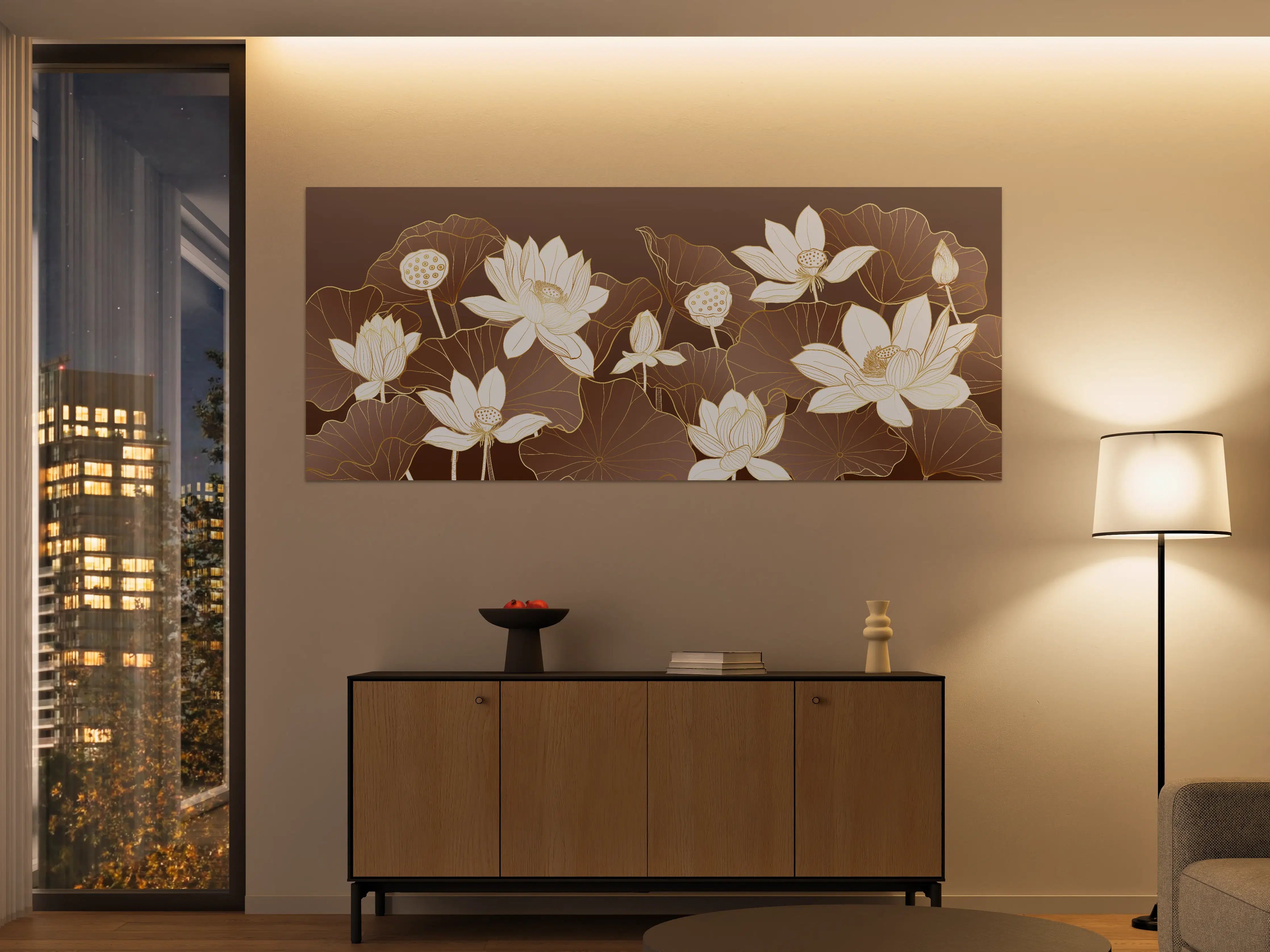 Große Wandbilder - Elegante Lotusblumen in Creme und Taupe