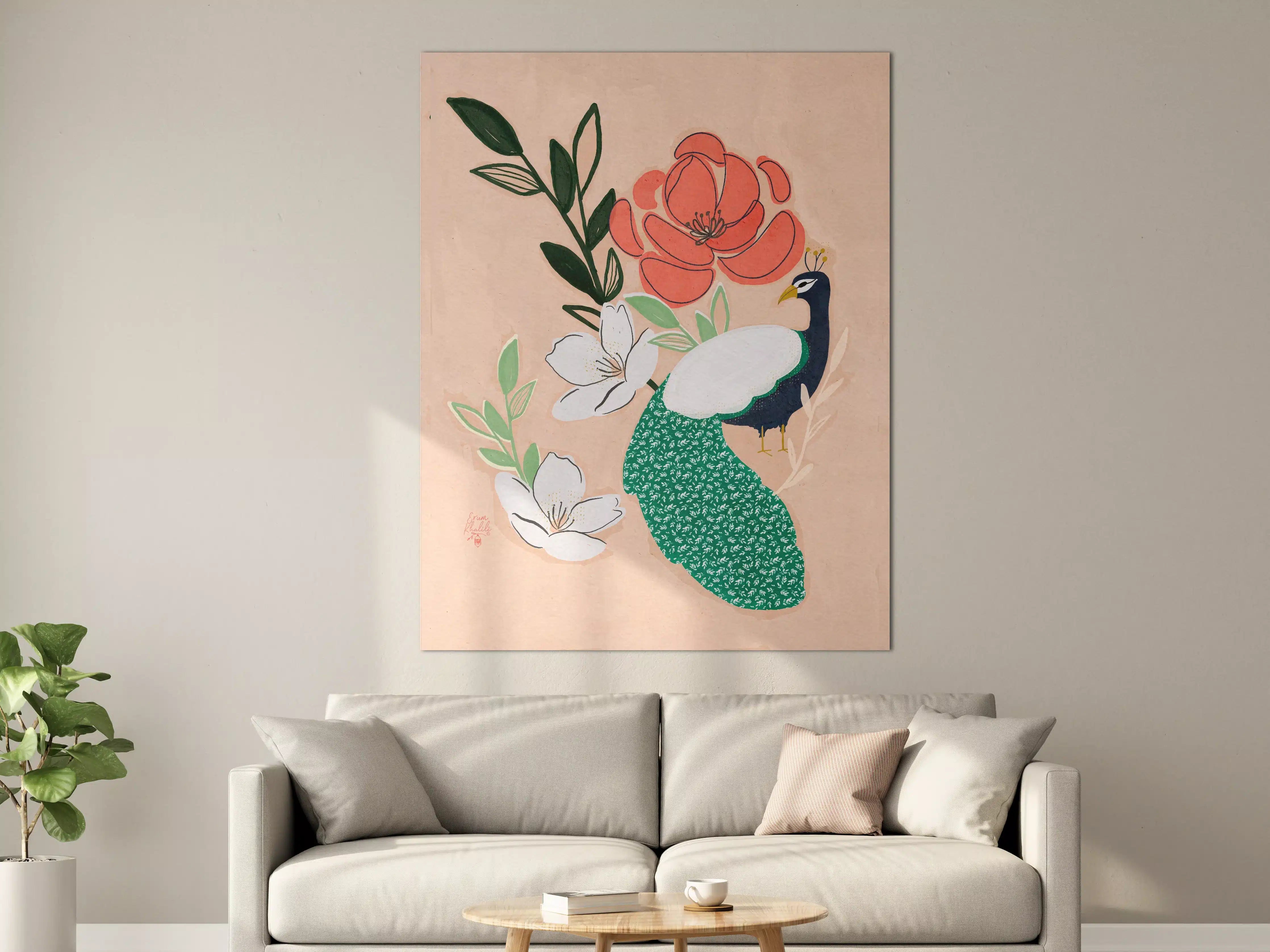 Große Wandbilder - Elegante Pfauen und Blumen in Pastell