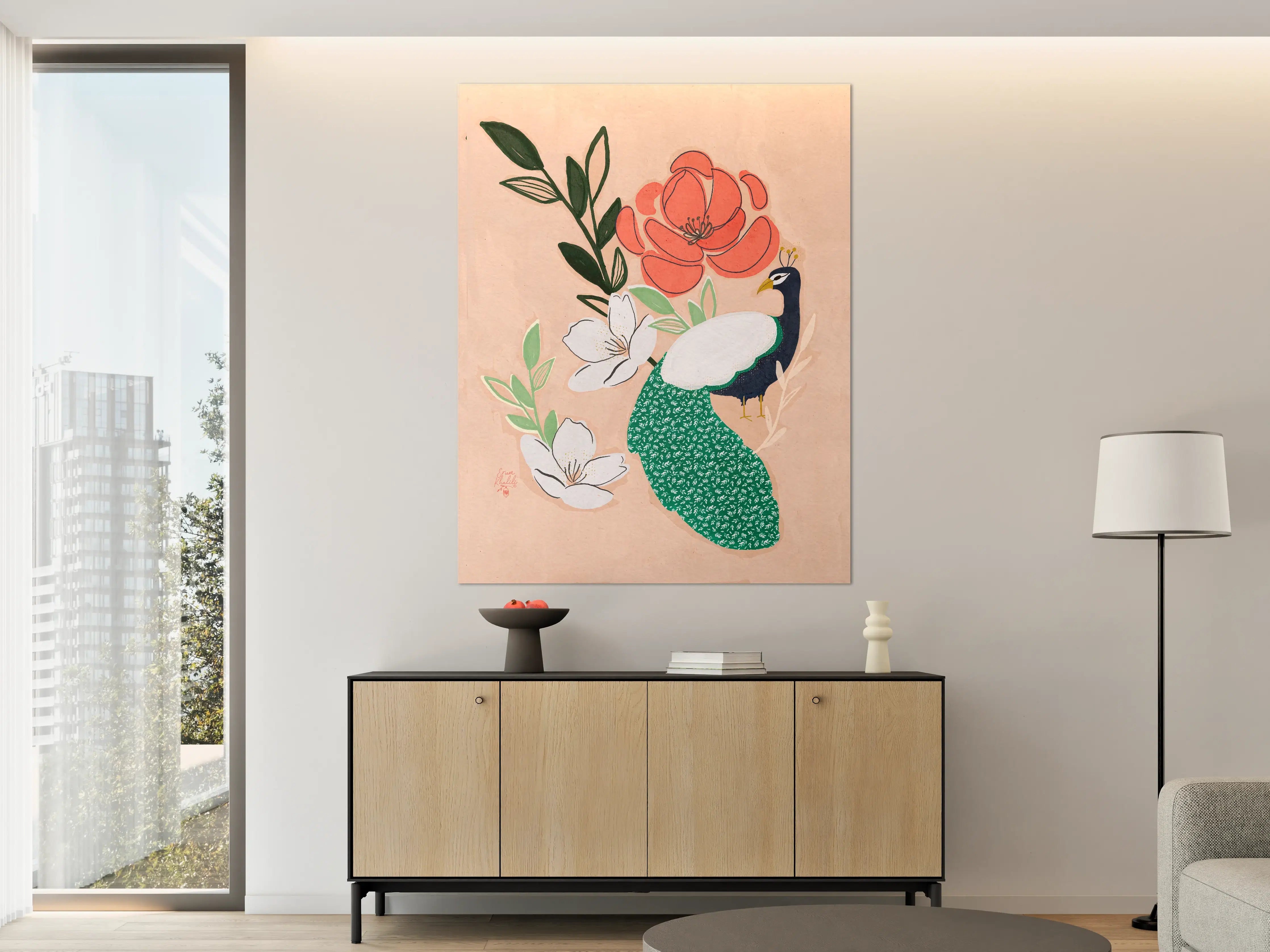 Große Wandbilder - Elegante Pfauen und Blumen in Pastell