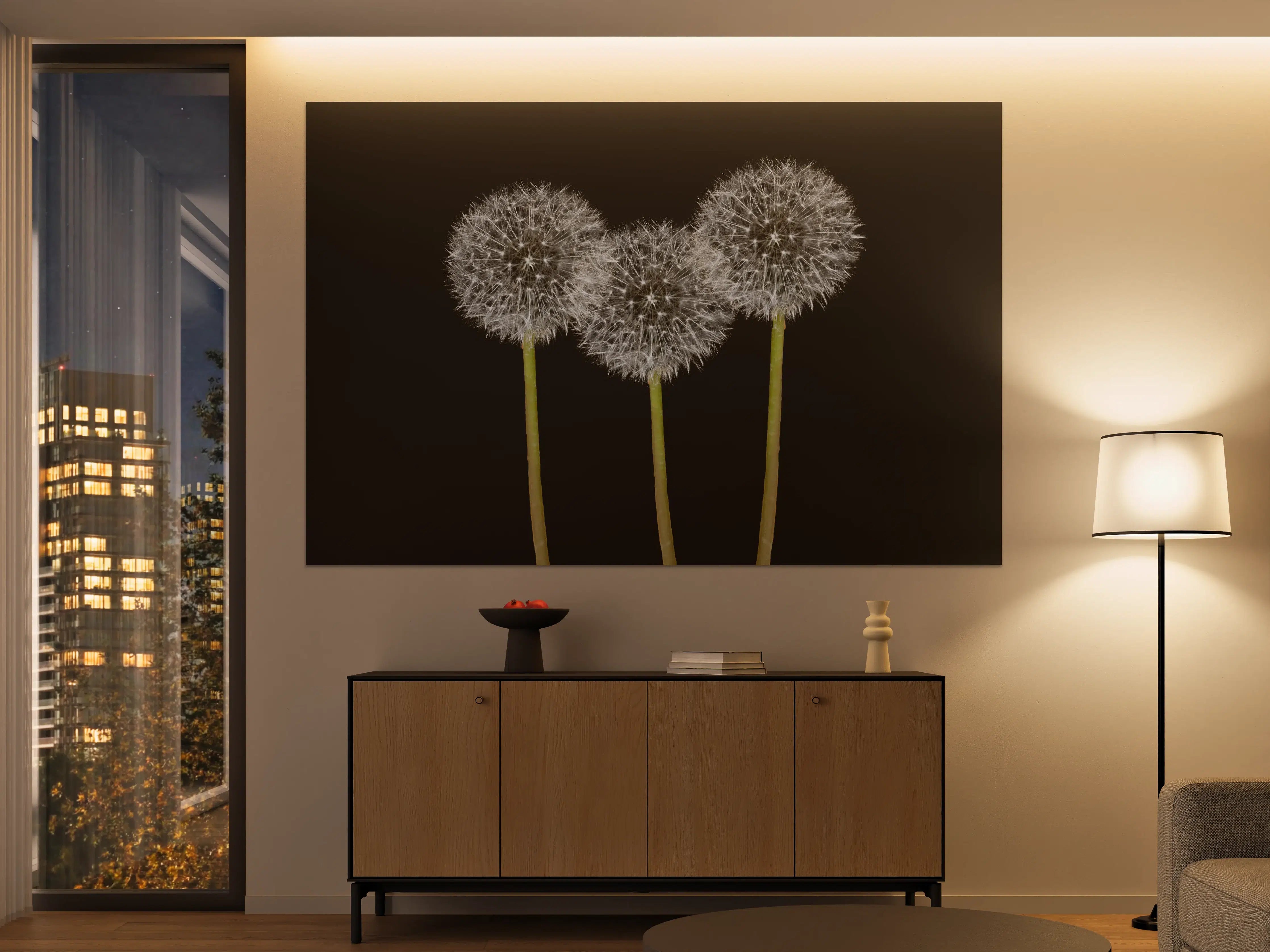 Große Wandbilder - Elegante Pusteblumen auf dunklem Hintergrund