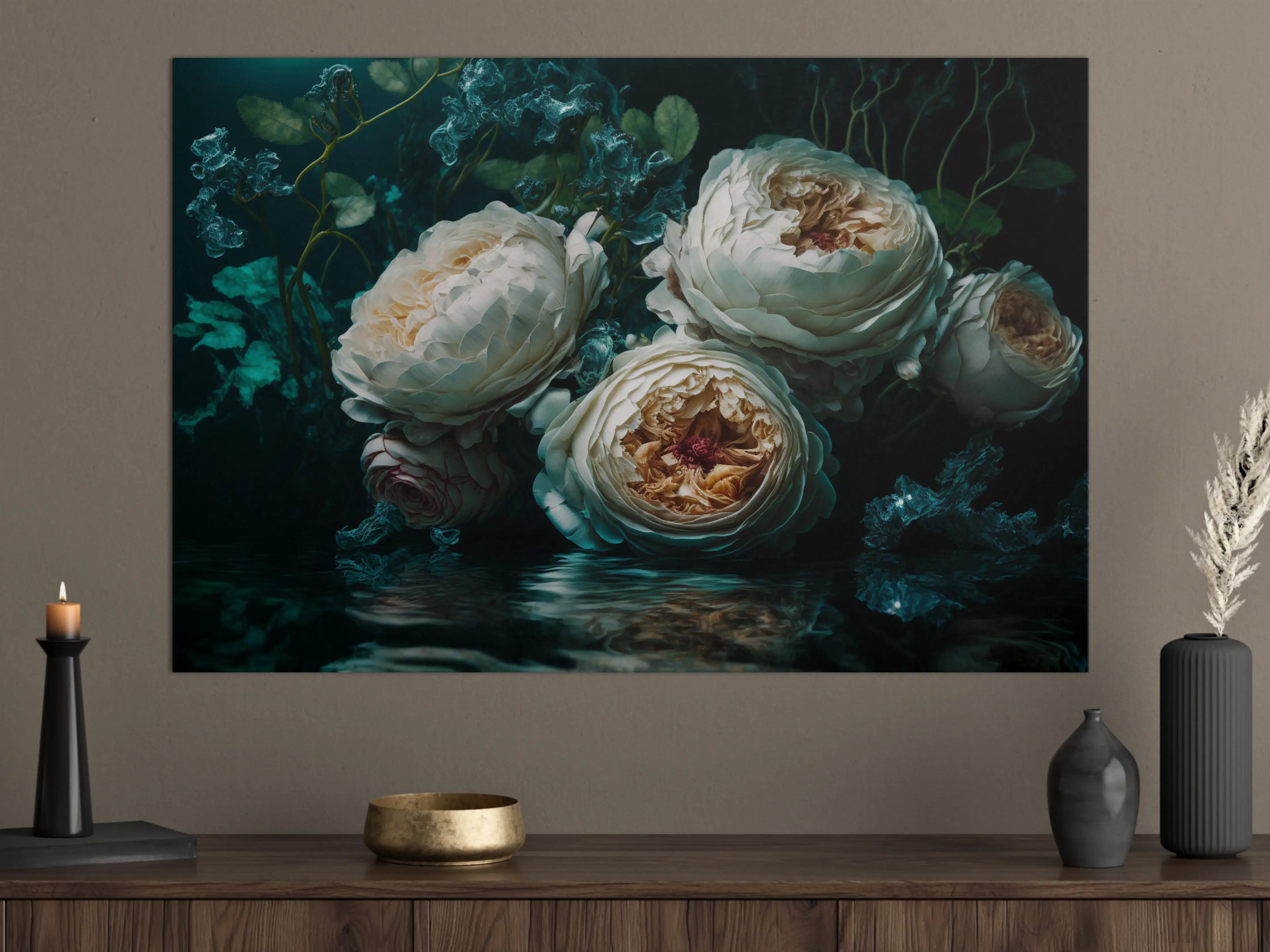 Große Wandbilder - Elegante weiße Blüten in dunklem Wasser