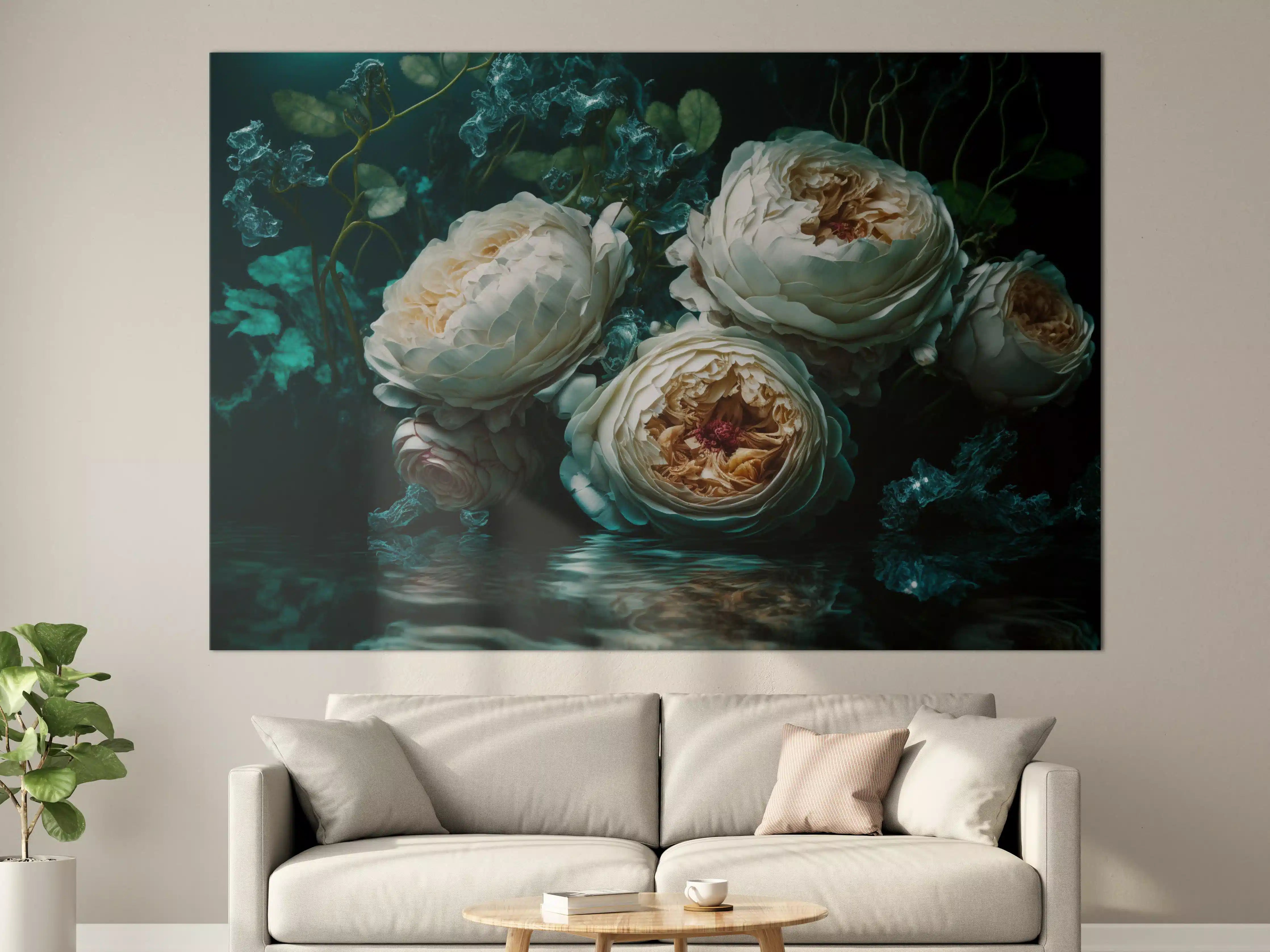 Große Wandbilder - Elegante weiße Blüten in dunklem Wasser