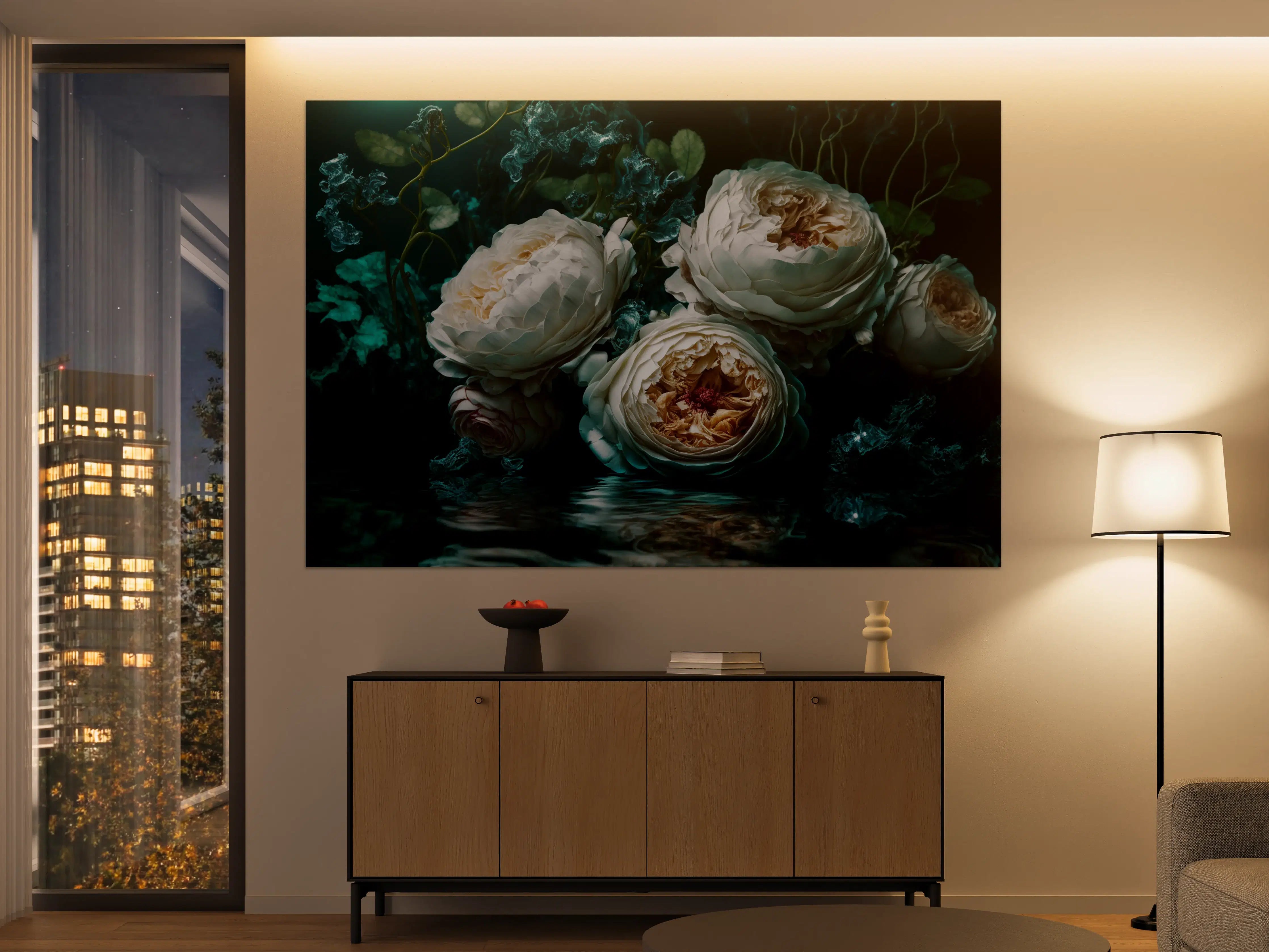 Große Wandbilder - Elegante weiße Blüten in dunklem Wasser