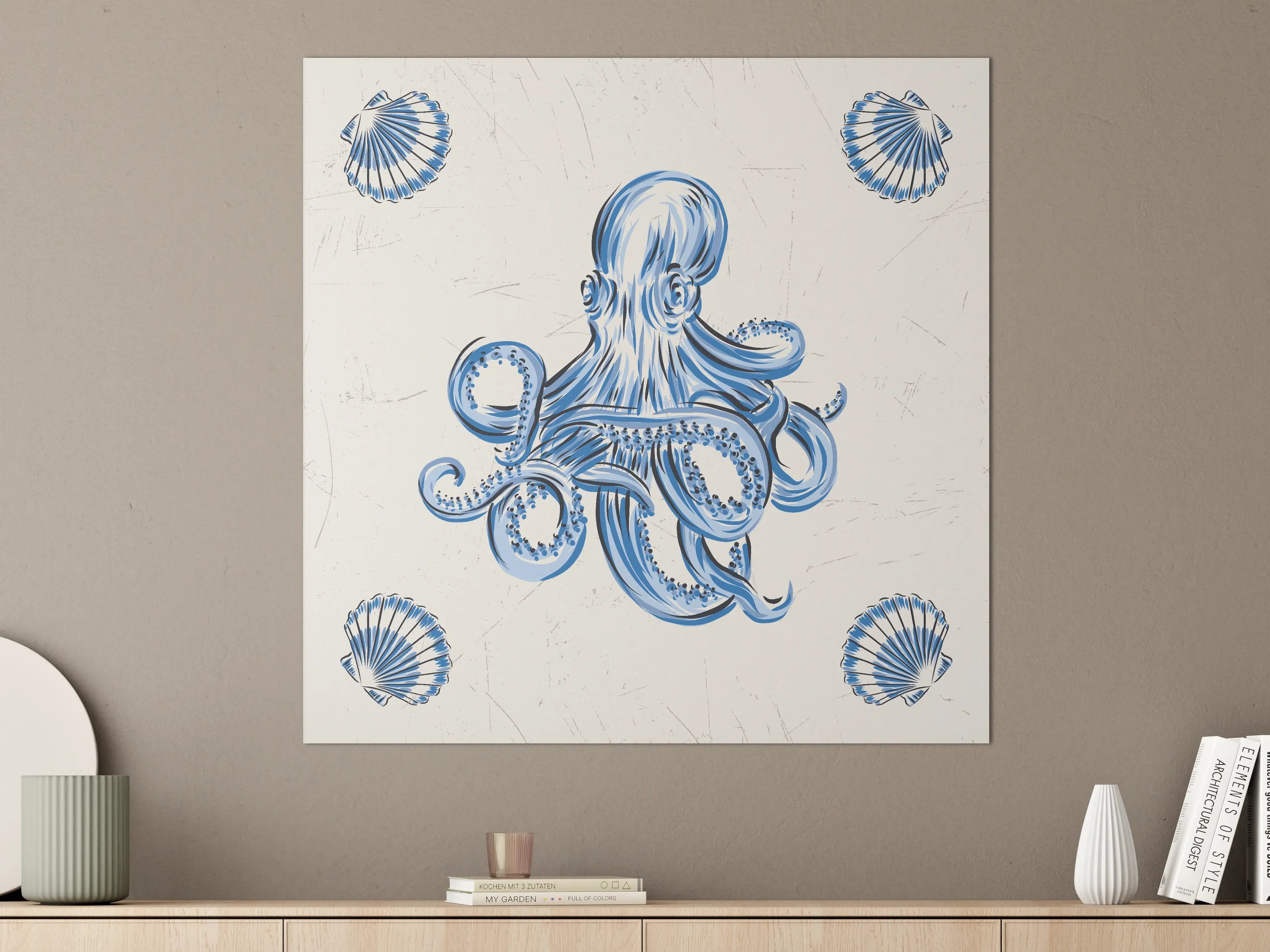 Große Wandbilder - Eleganter Blau-Octopus mit Muscheln