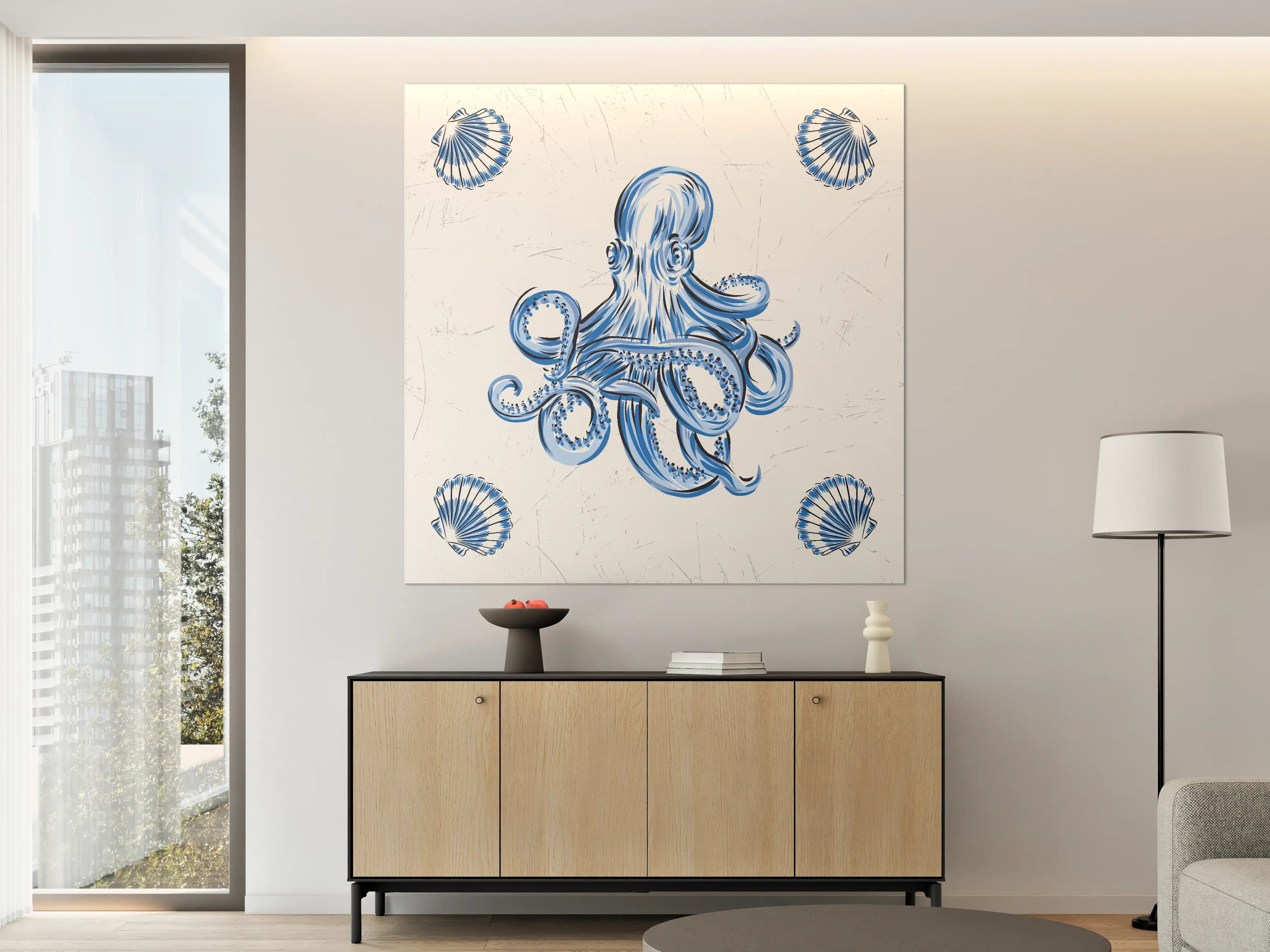 Große Wandbilder - Eleganter Blau-Octopus mit Muscheln