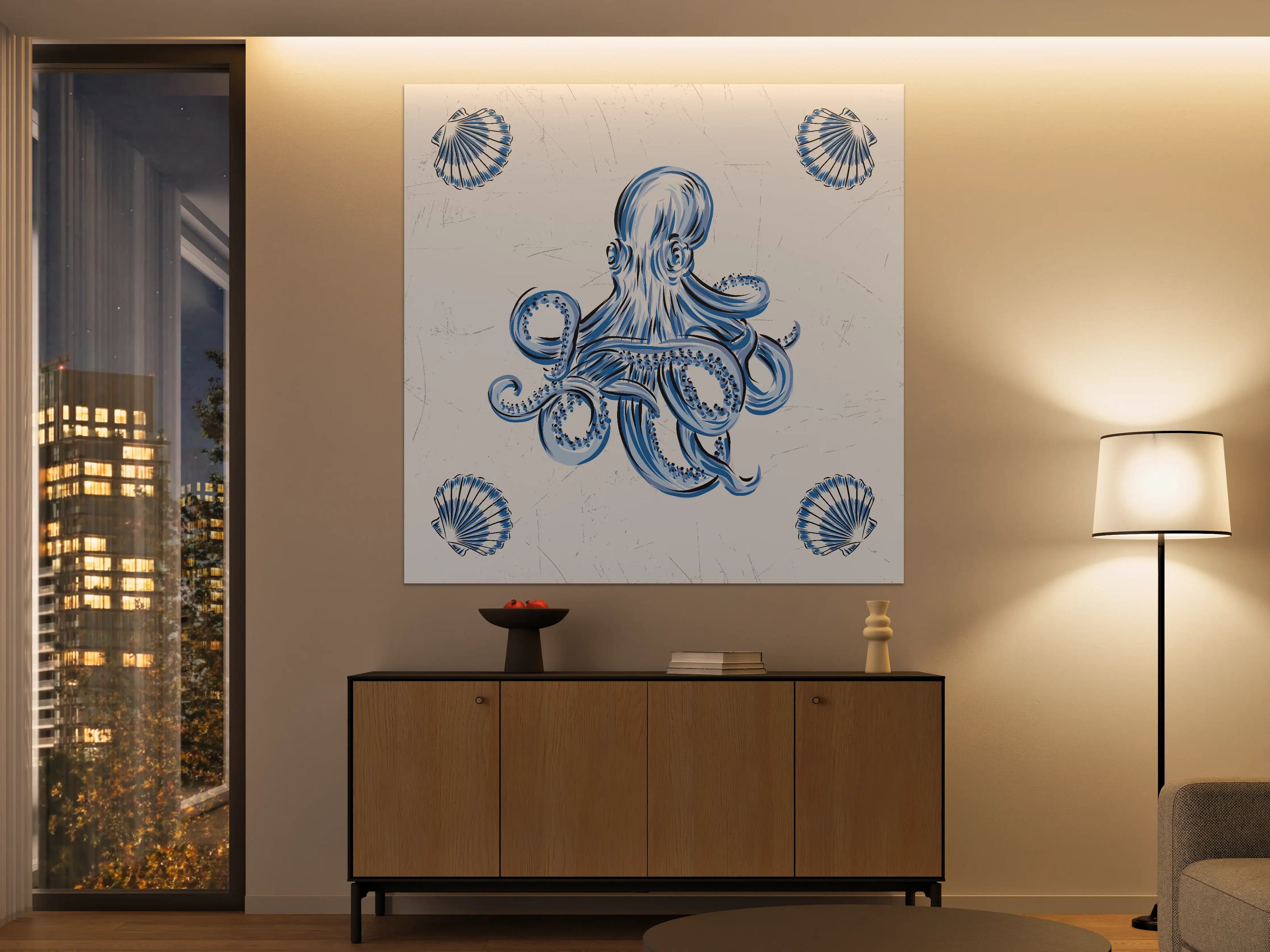 Große Wandbilder - Eleganter Blau-Octopus mit Muscheln