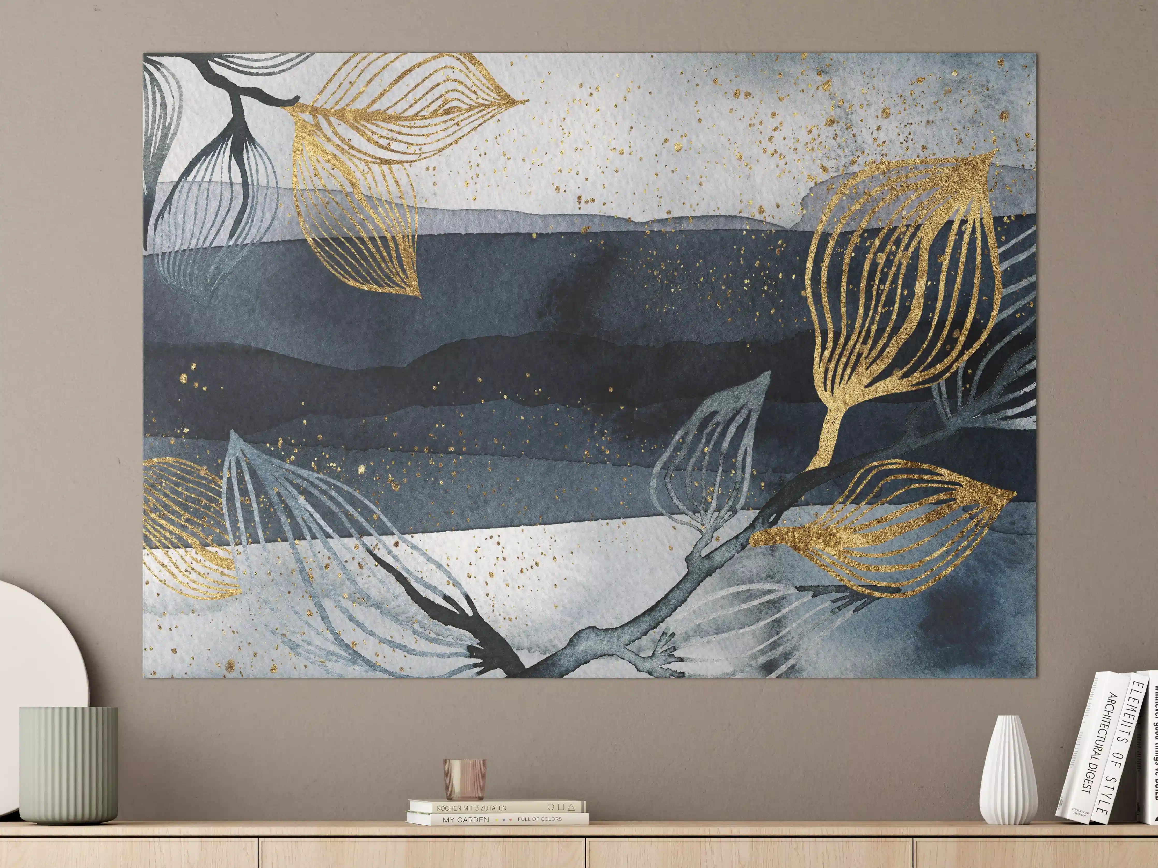 Große Wandbilder - Elegantes Blau-Gold-Wandbild mit Pflanzenmotiv