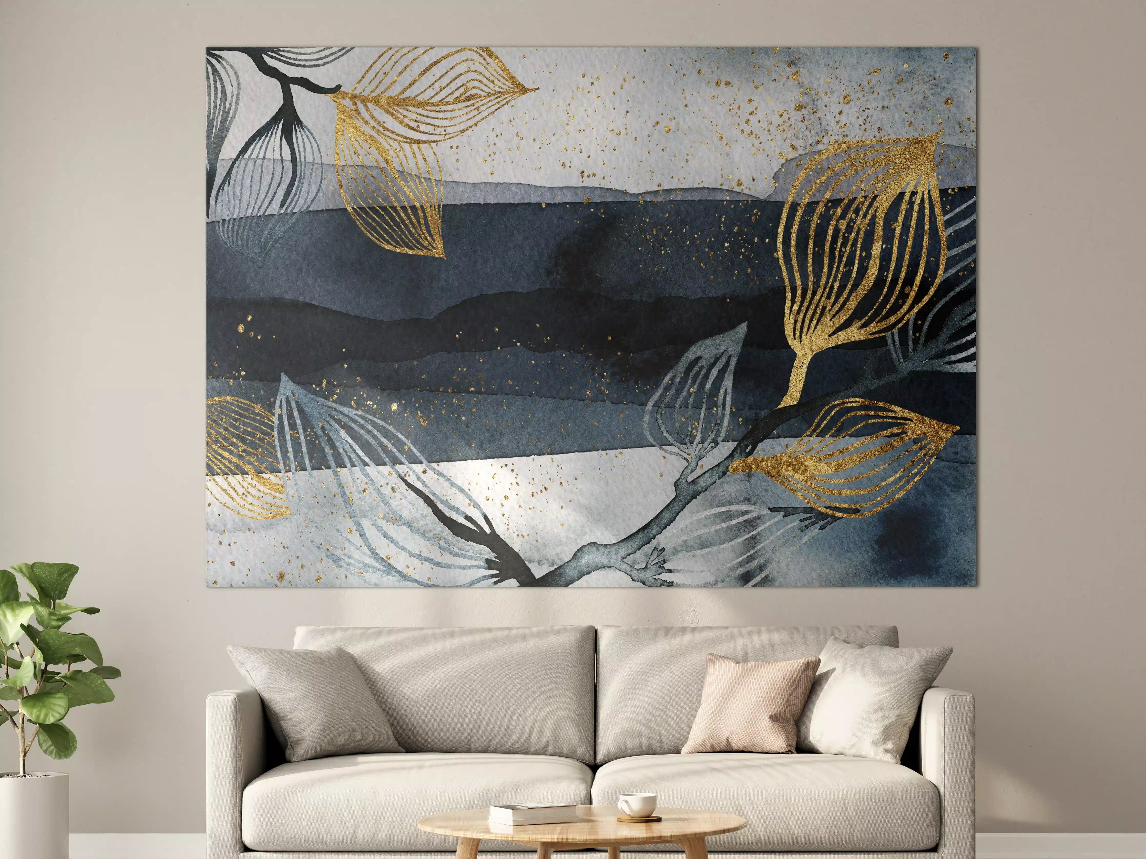 Große Wandbilder - Elegantes Blau-Gold-Wandbild mit Pflanzenmotiv