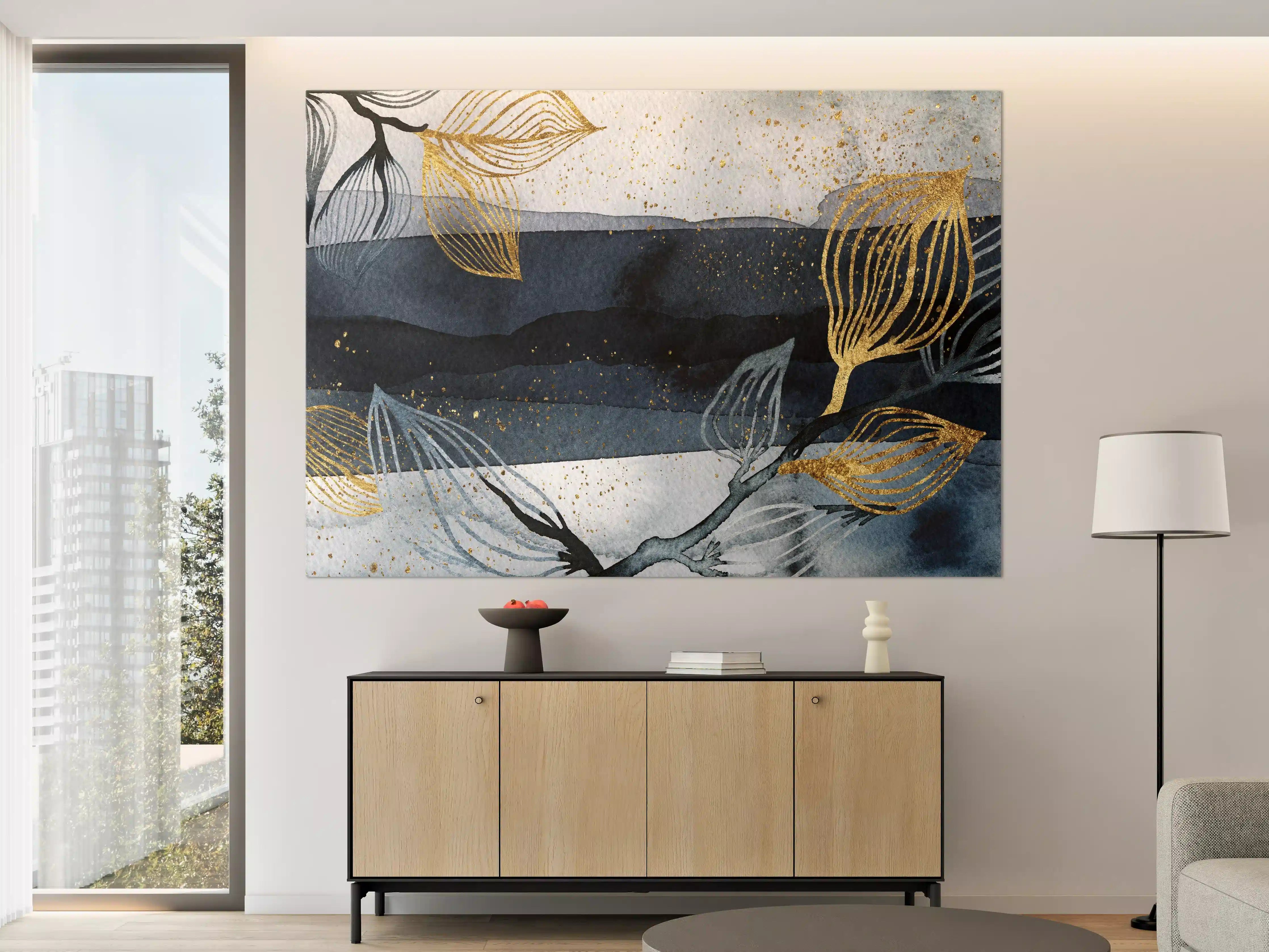 Große Wandbilder - Elegantes Blau-Gold-Wandbild mit Pflanzenmotiv