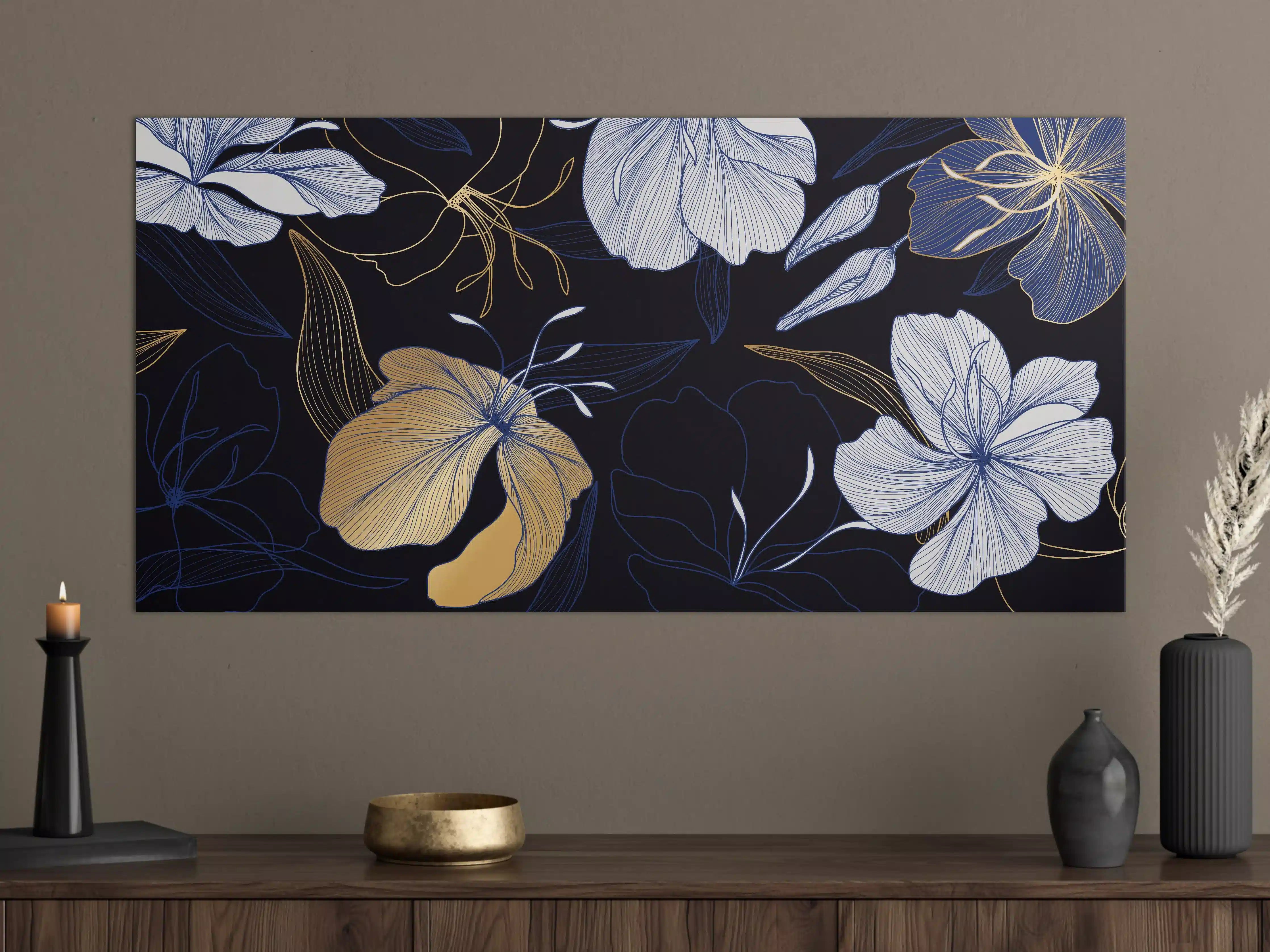 Große Wandbilder - Elegantes Blumen-Muster Dunkelblau