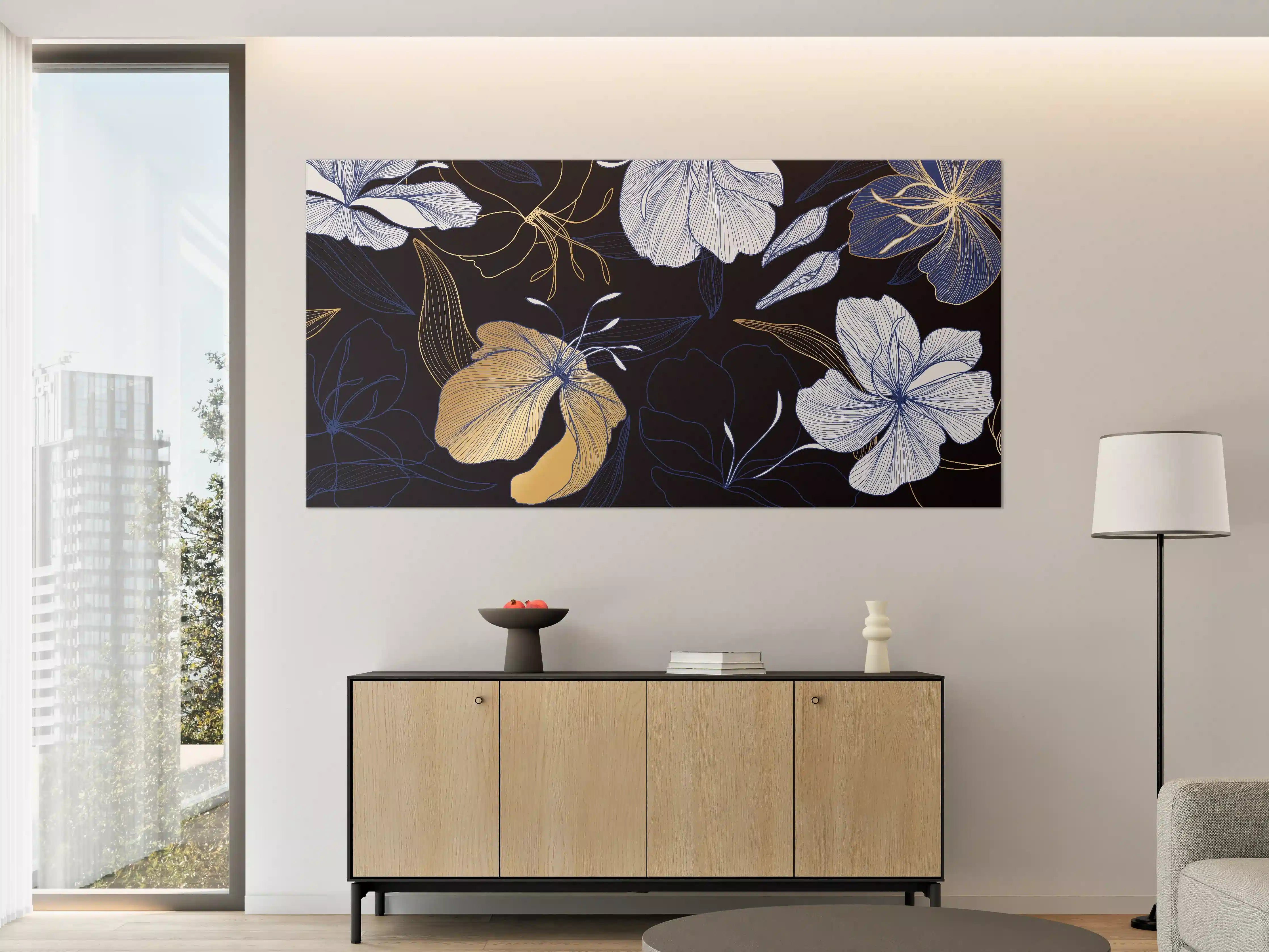 Große Wandbilder - Elegantes Blumen-Muster Dunkelblau