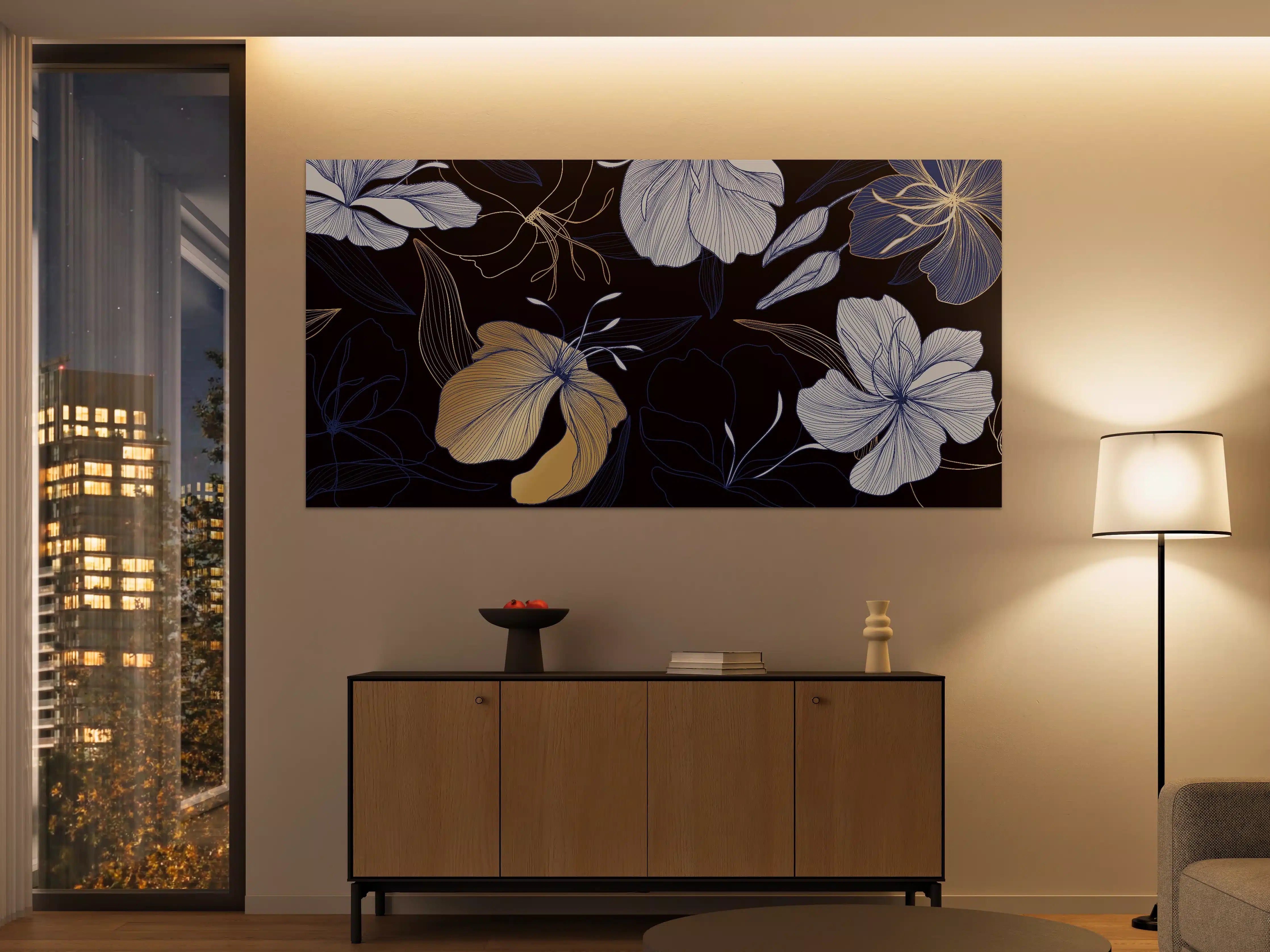 Große Wandbilder - Elegantes Blumen-Muster Dunkelblau