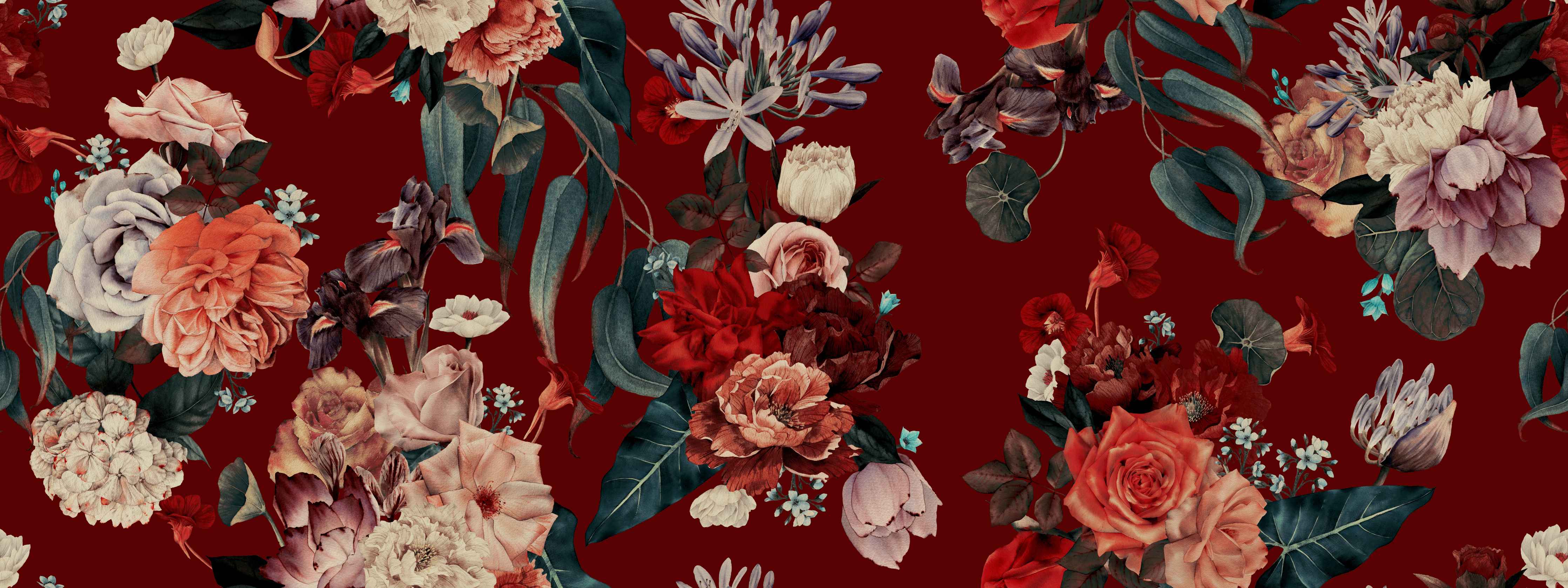 Große Wandbilder-Elegantes Blumenmuster mit tiefrotem Hintergrund