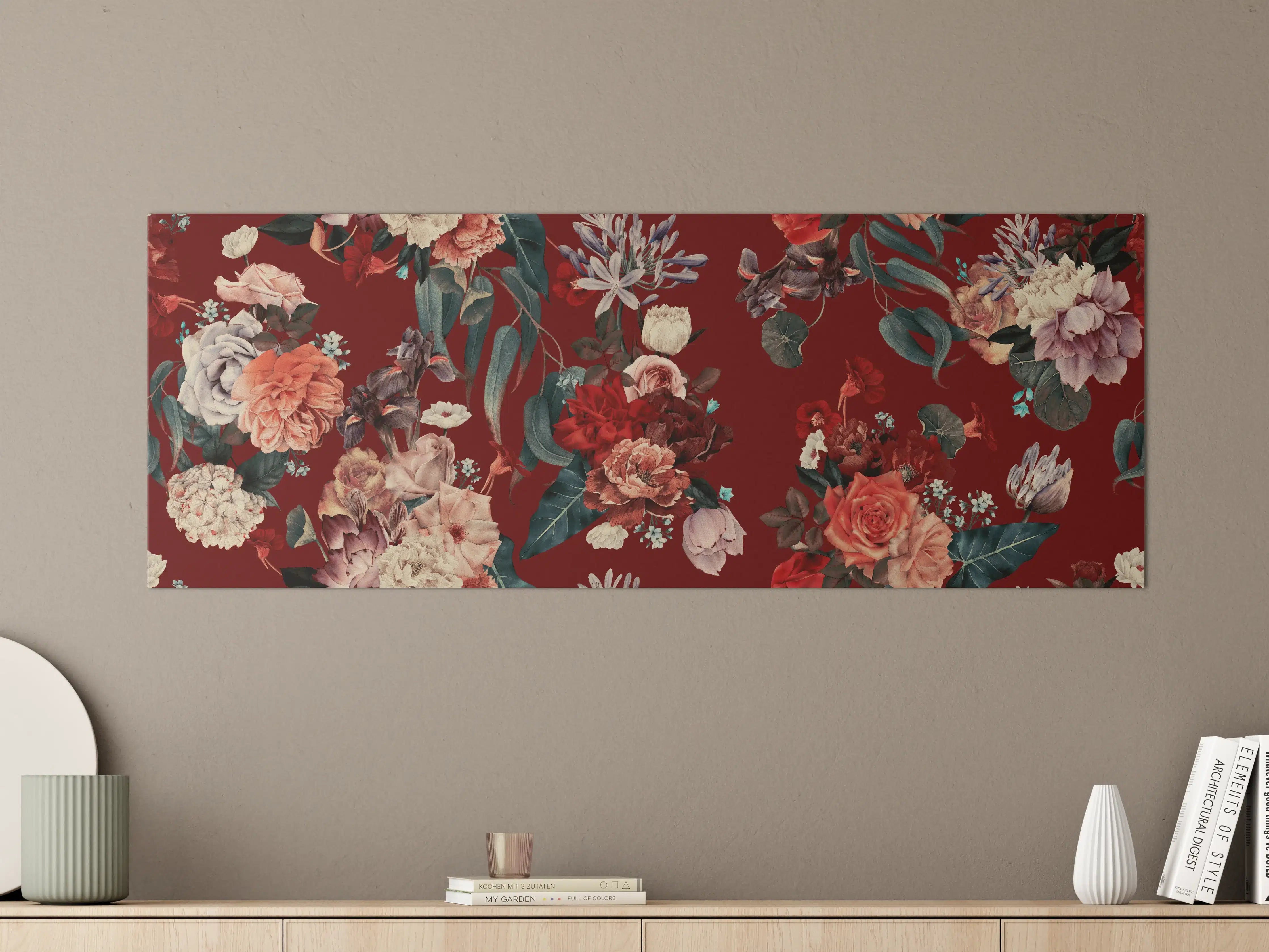 Große Wandbilder - Elegantes Blumenmuster mit tiefrotem Hintergrund