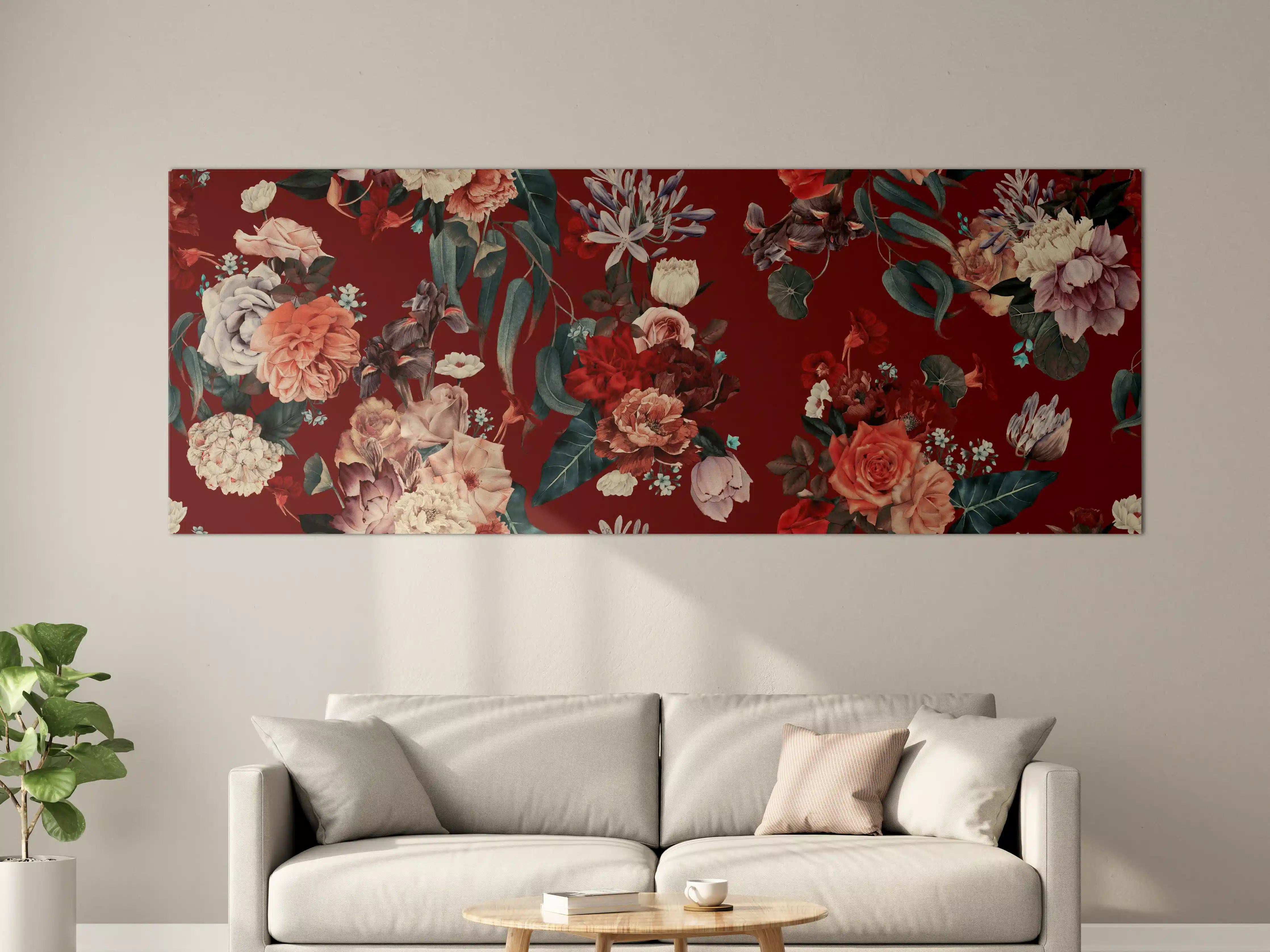 Große Wandbilder - Elegantes Blumenmuster mit tiefrotem Hintergrund
