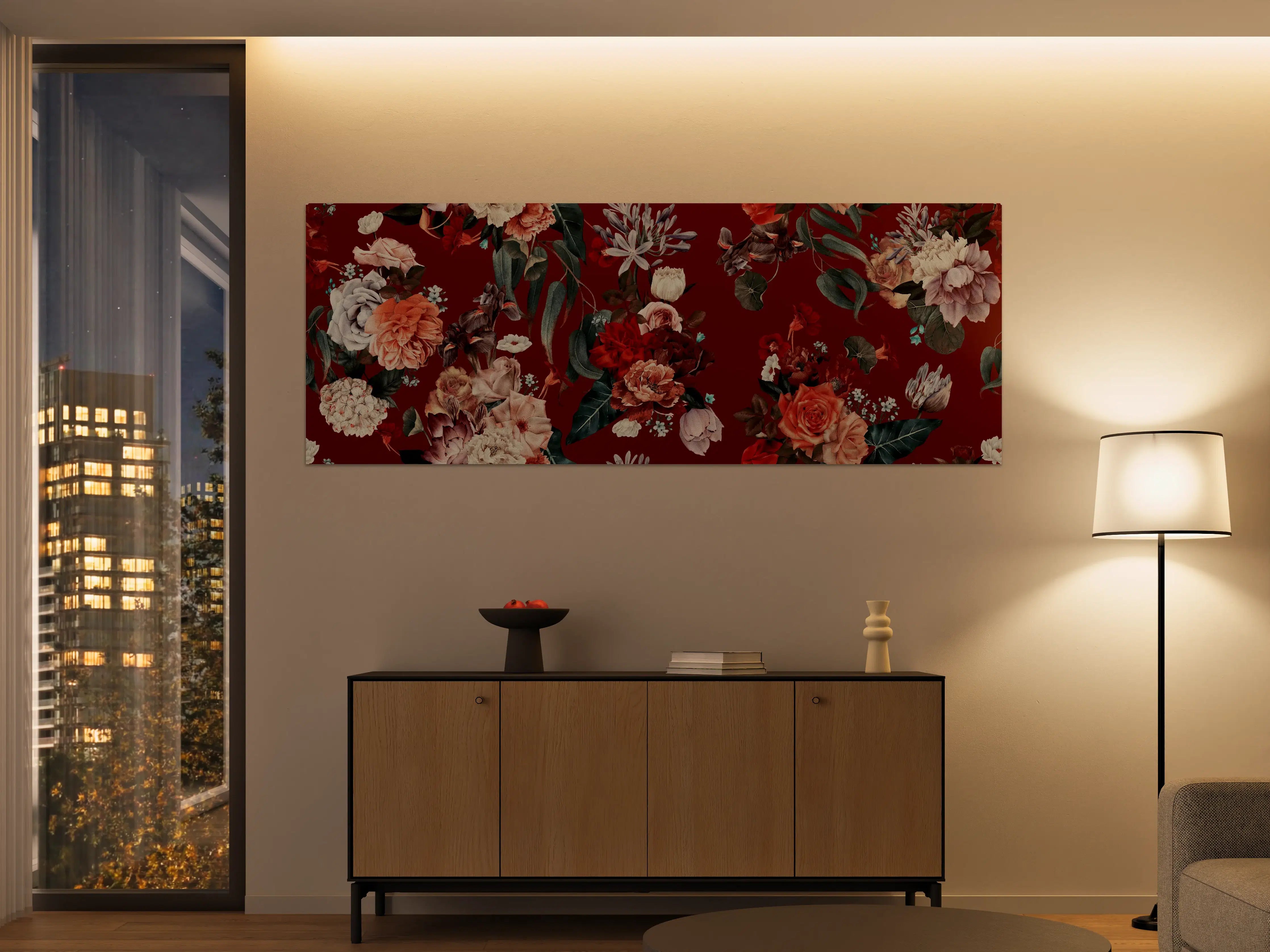 Große Wandbilder - Elegantes Blumenmuster mit tiefrotem Hintergrund