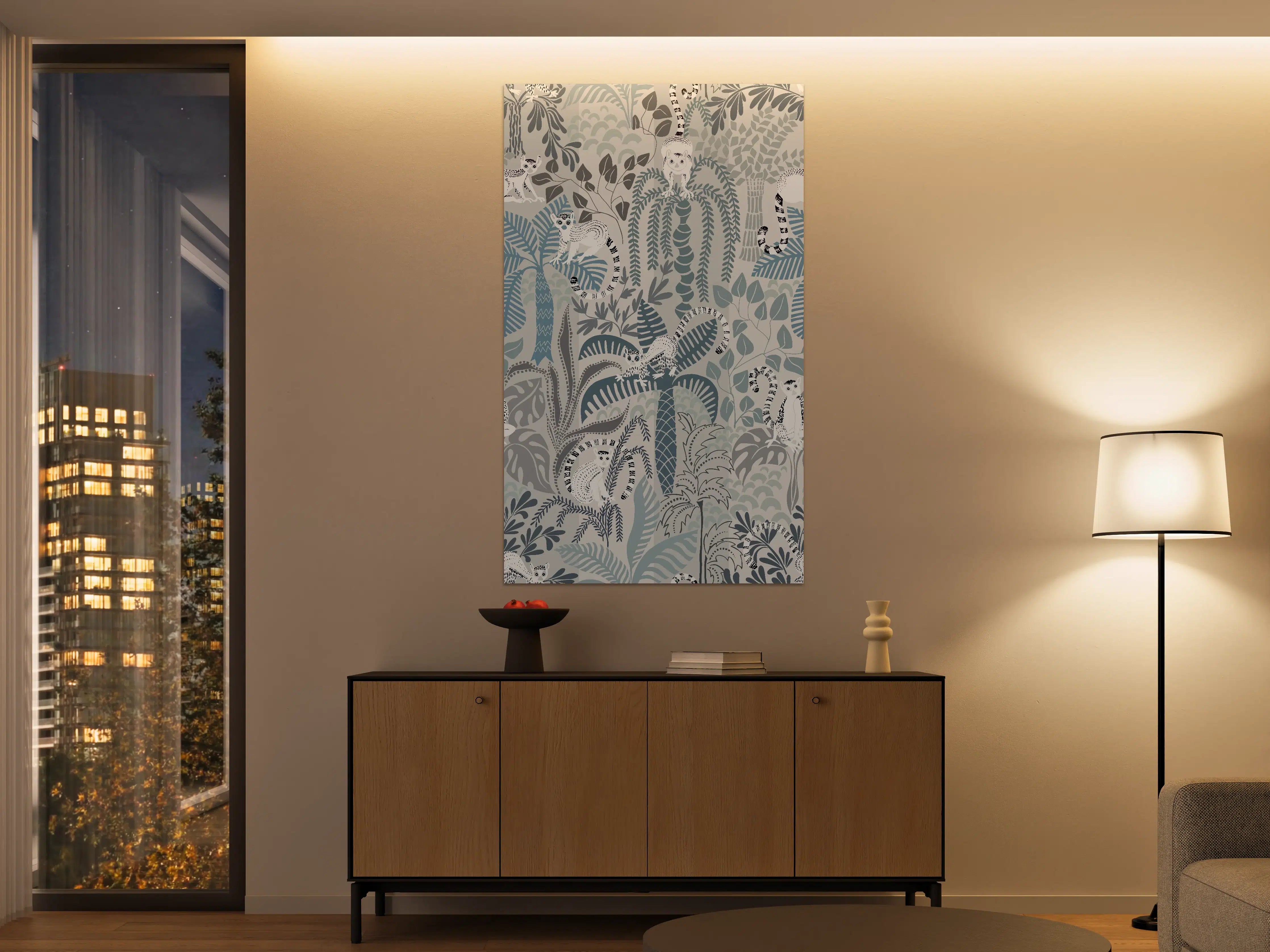 Große Wandbilder - Elegantes Dschungel-Motiv mit weißen Tigern in Blau-Tönen
