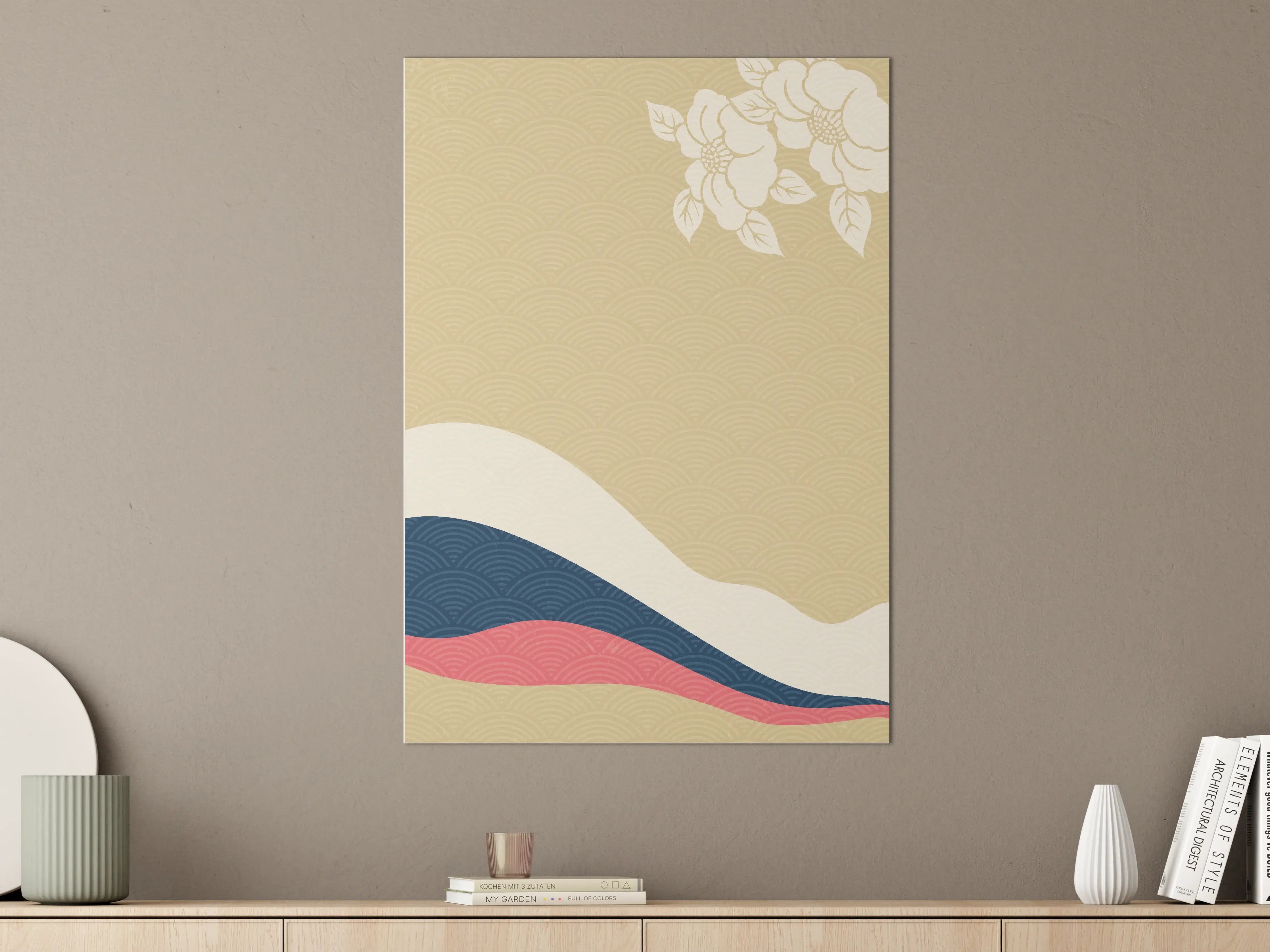 Große Wandbilder - Elegantes japanisches Wellen-Design in Beige, Blau, Weiß und Rosa