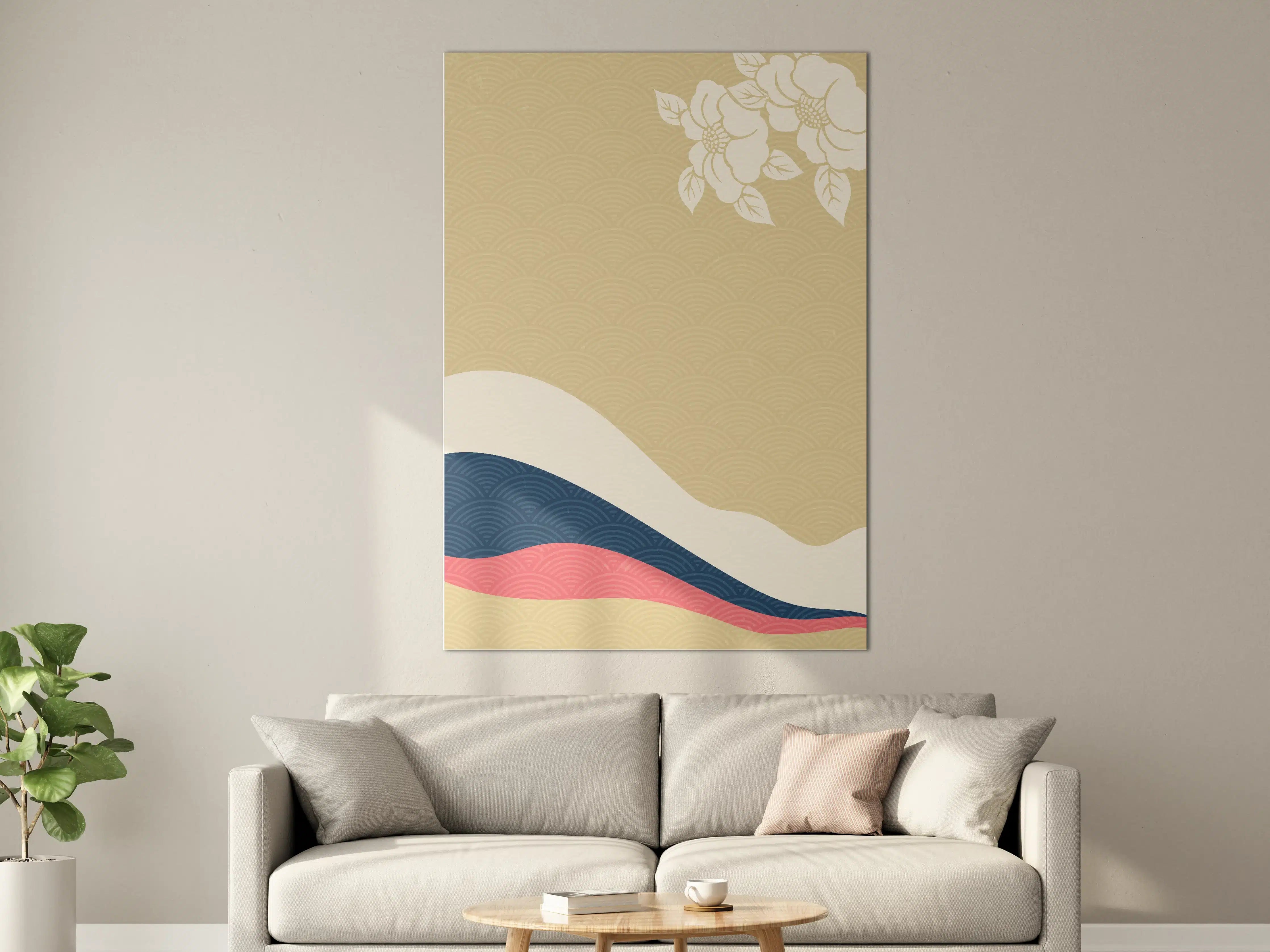Große Wandbilder - Elegantes japanisches Wellen-Design in Beige, Blau, Weiß und Rosa