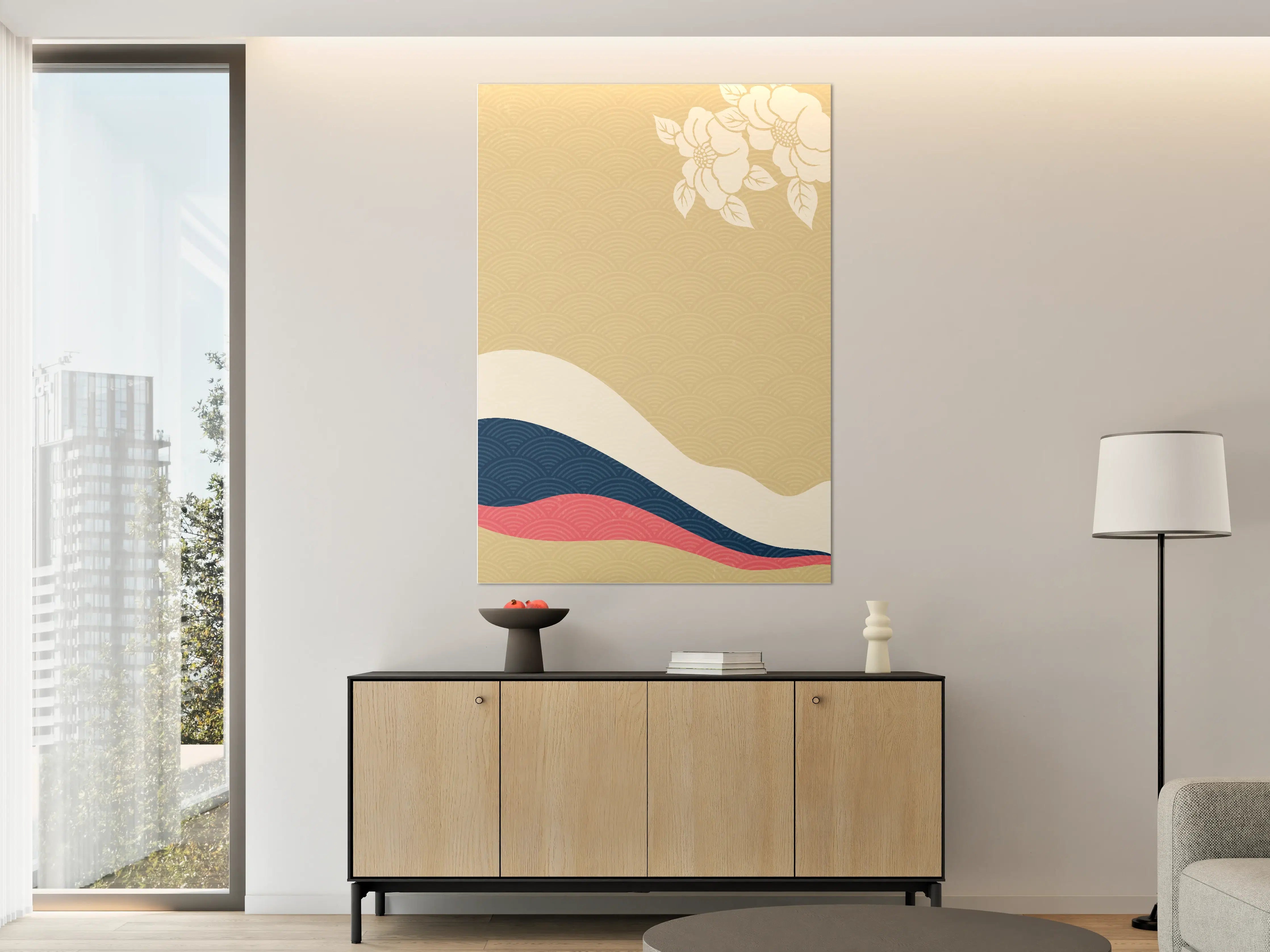 Große Wandbilder - Elegantes japanisches Wellen-Design in Beige, Blau, Weiß und Rosa