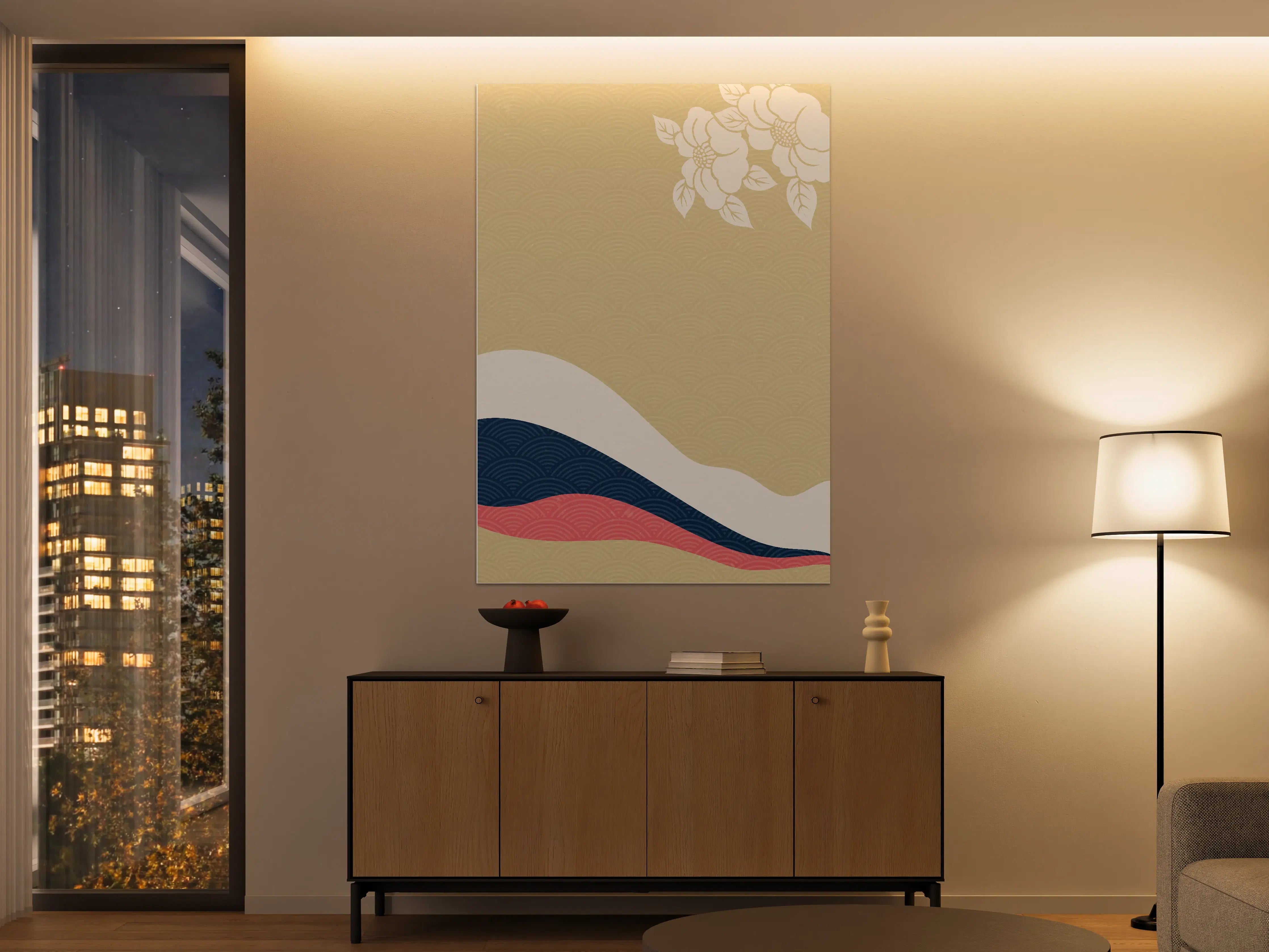 Große Wandbilder - Elegantes japanisches Wellen-Design in Beige, Blau, Weiß und Rosa