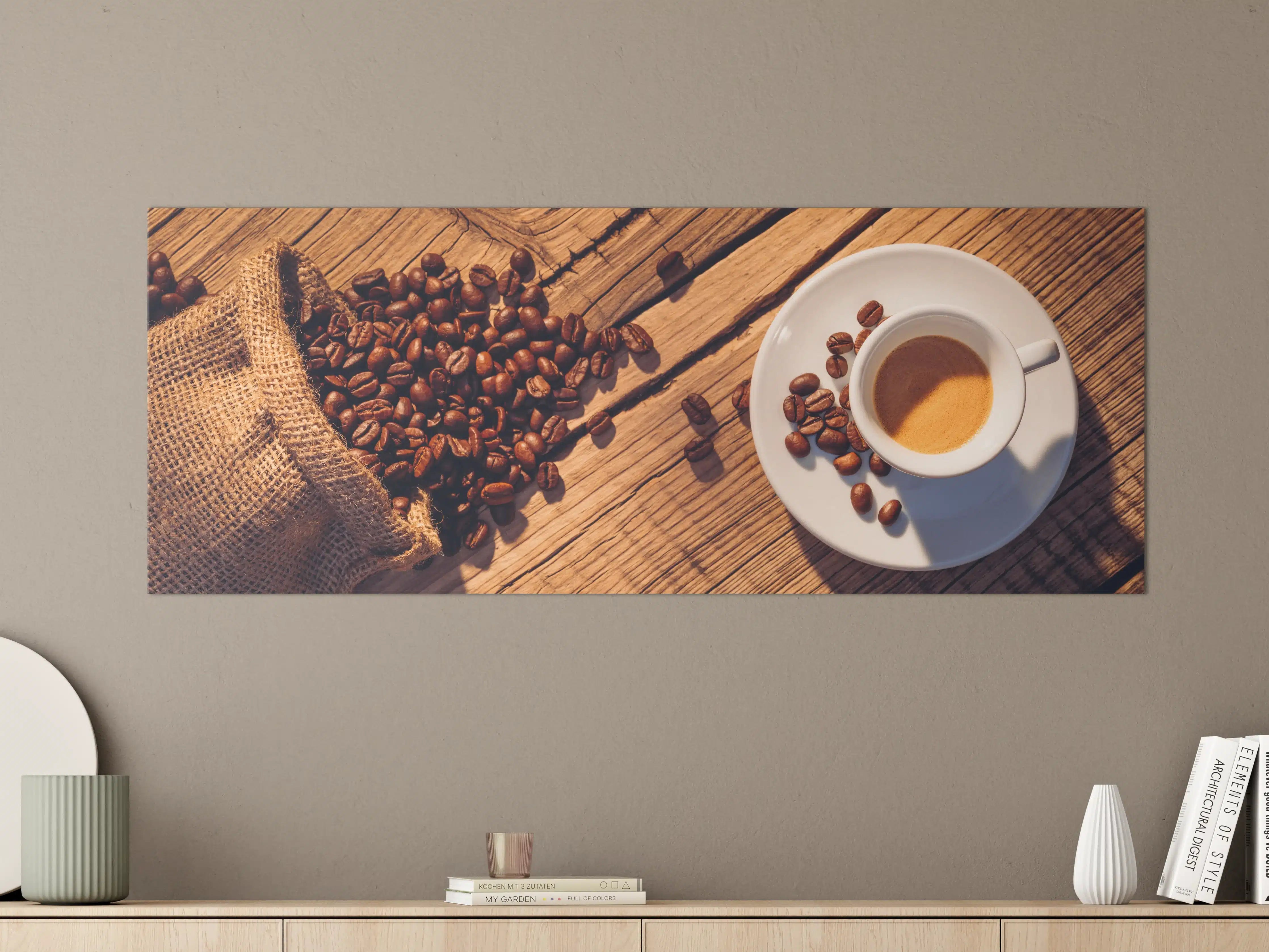 Große Wandbilder - Espresso und Kaffeebohnen auf Holz