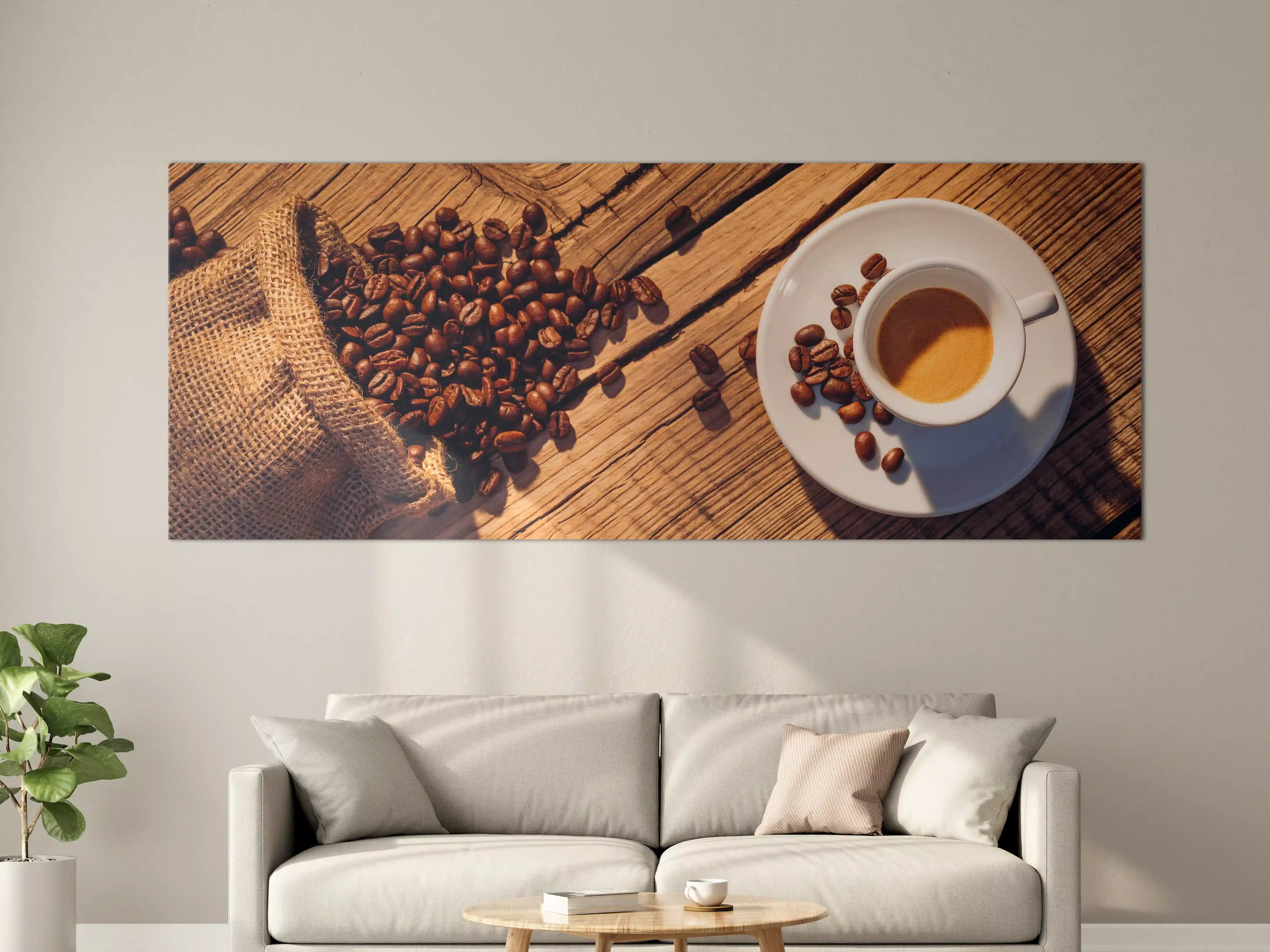 Große Wandbilder - Espresso und Kaffeebohnen auf Holz