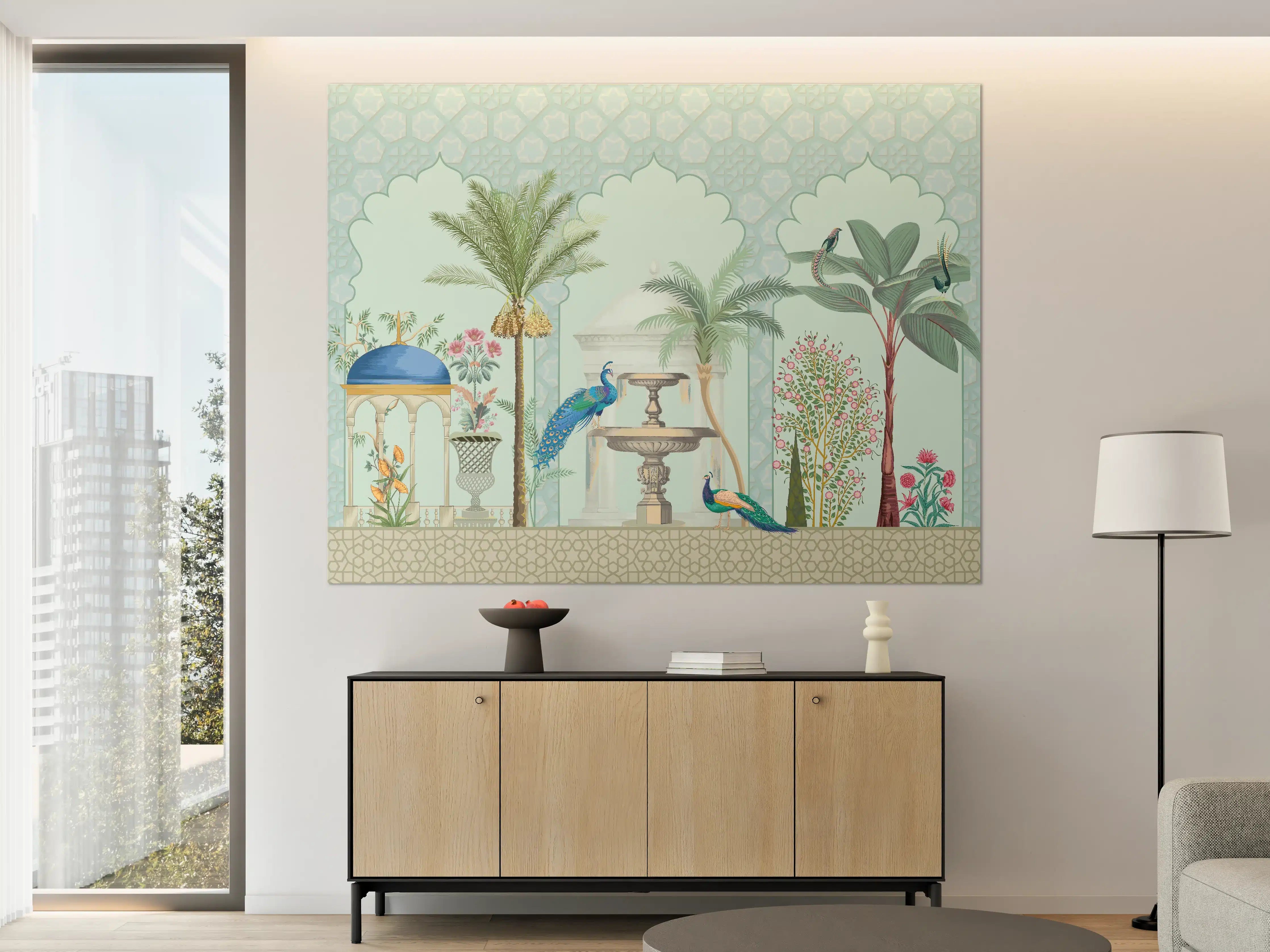 Große Wandbilder - Exotischer Garten mit Palmen und Flamingos