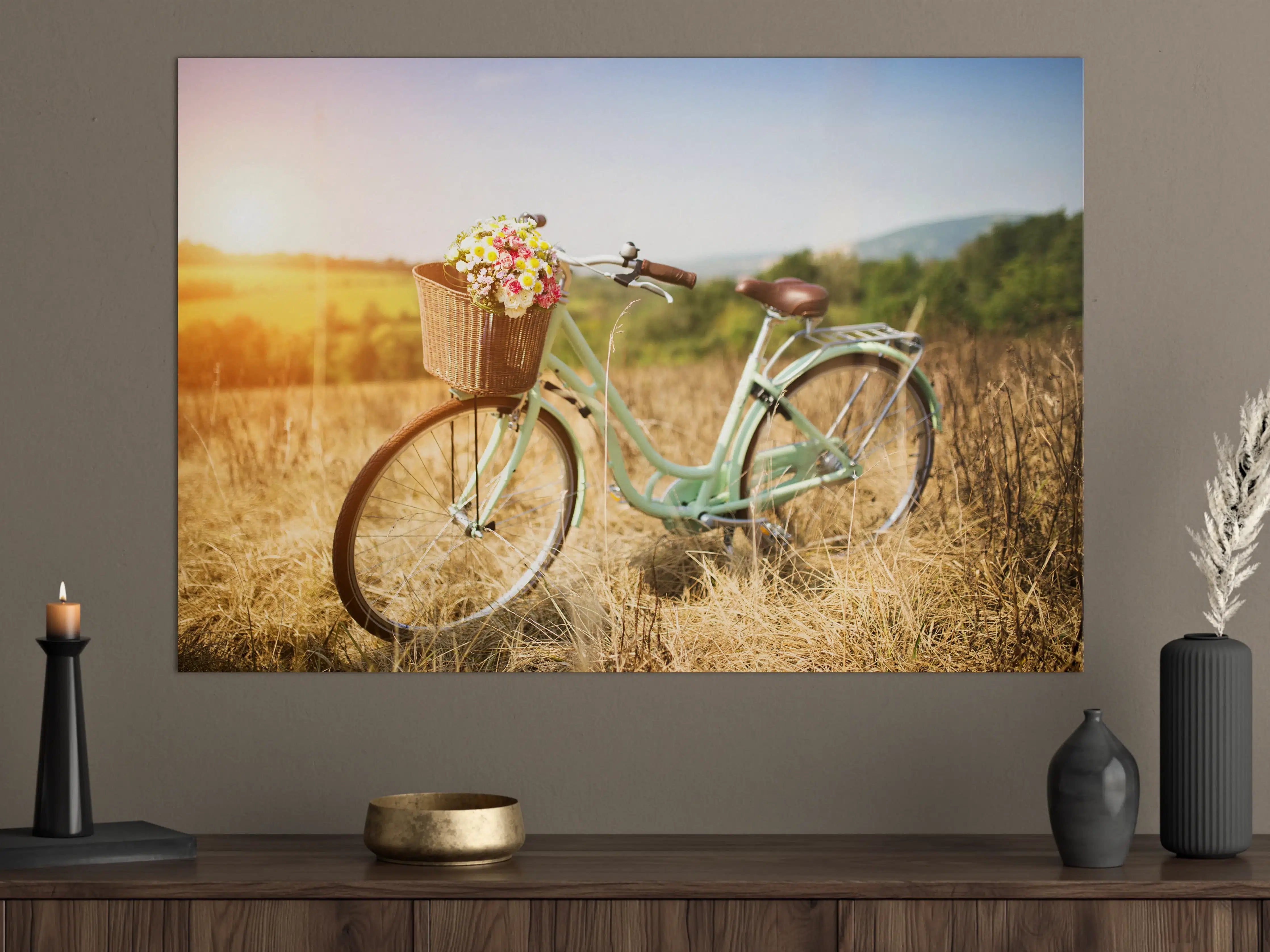 Große Wandbilder - Fahrrad mit Blumenkorb auf Wiese 
