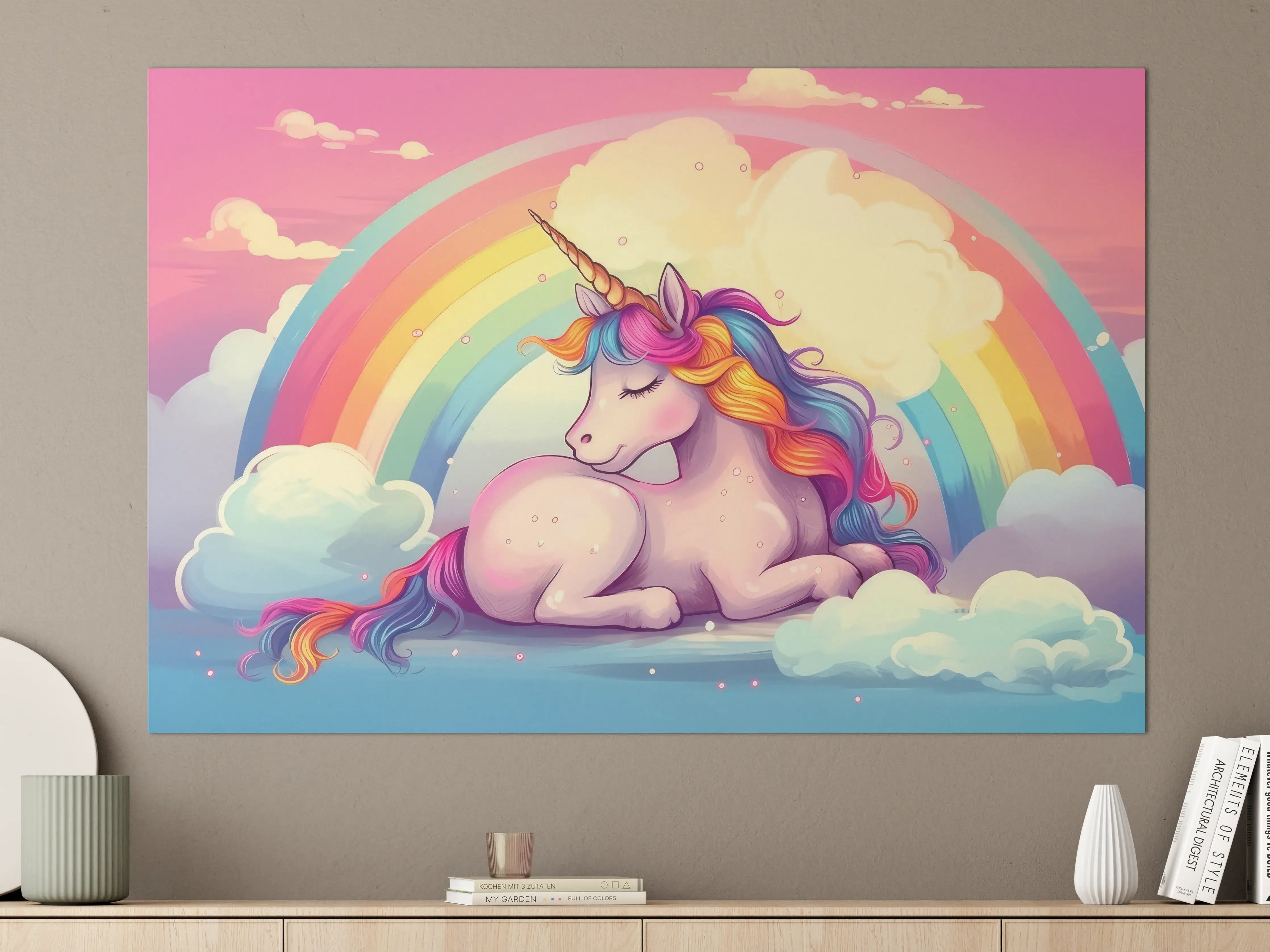 Große Wandbilder - Fantasievolles Einhorn mit Regenbogen-Hintergrund