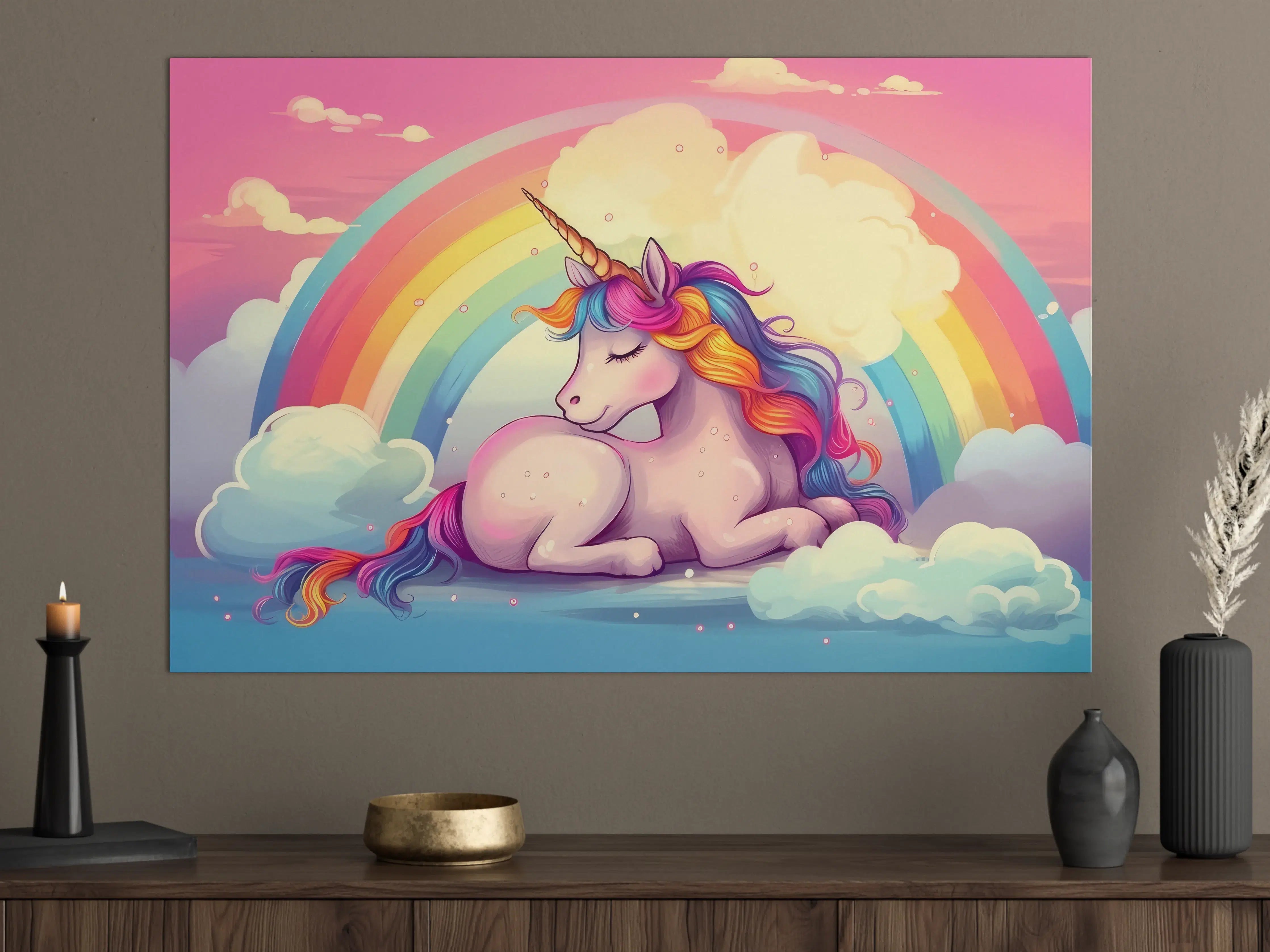 Große Wandbilder - Fantasievolles Einhorn mit Regenbogen-Hintergrund