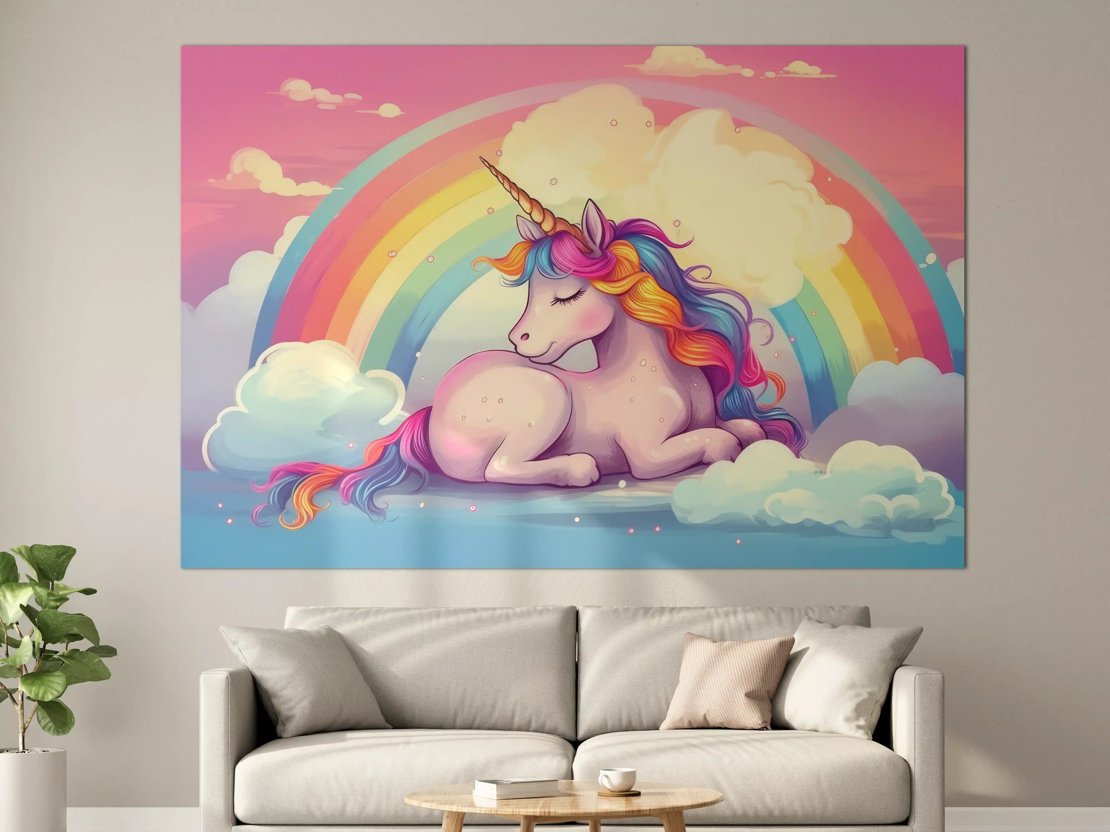 Große Wandbilder - Fantasievolles Einhorn mit Regenbogen-Hintergrund