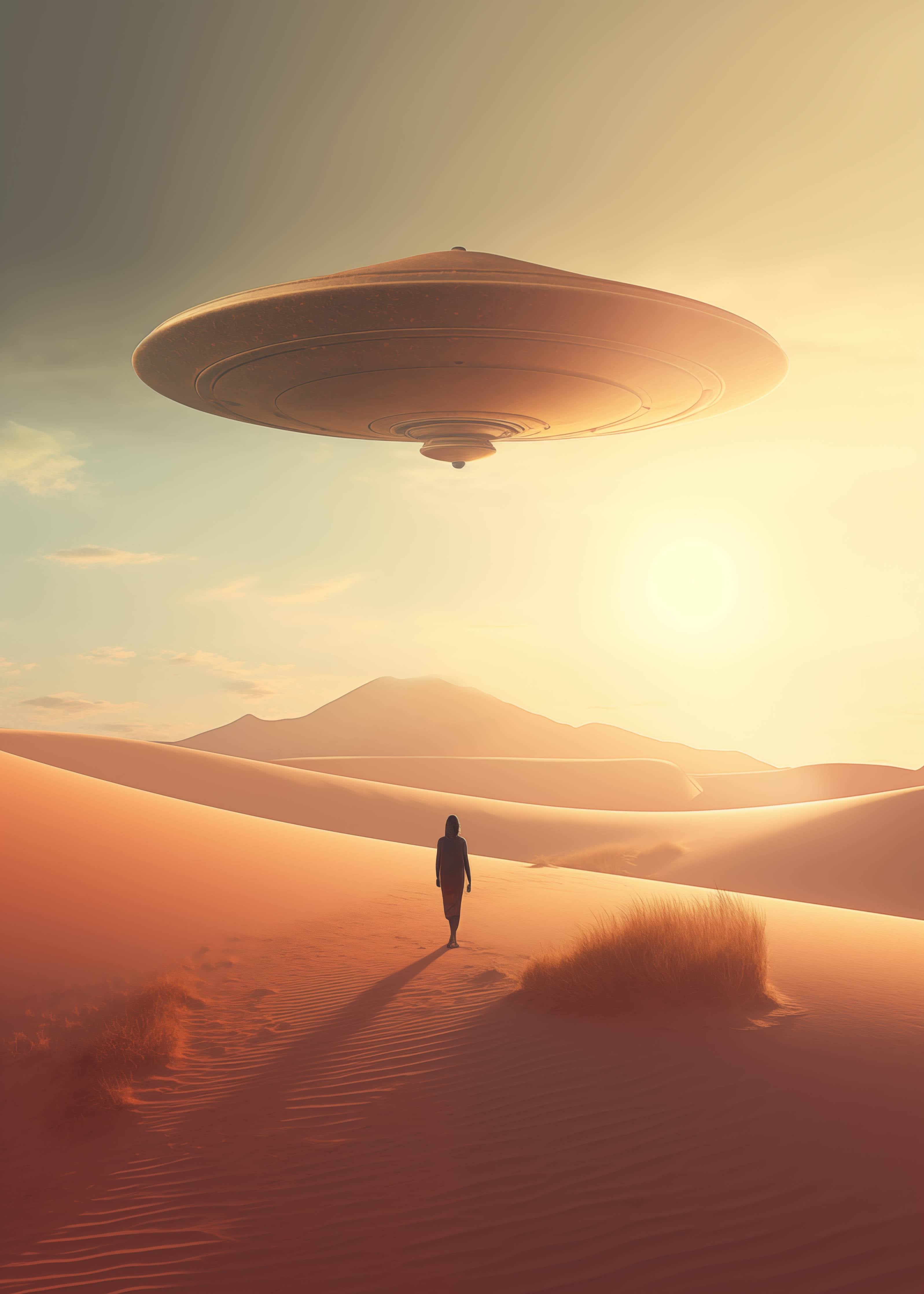 Große Wandbilder-Fantasievolles Szenario mit UFO über Sanddünen bei Sonnenuntergang