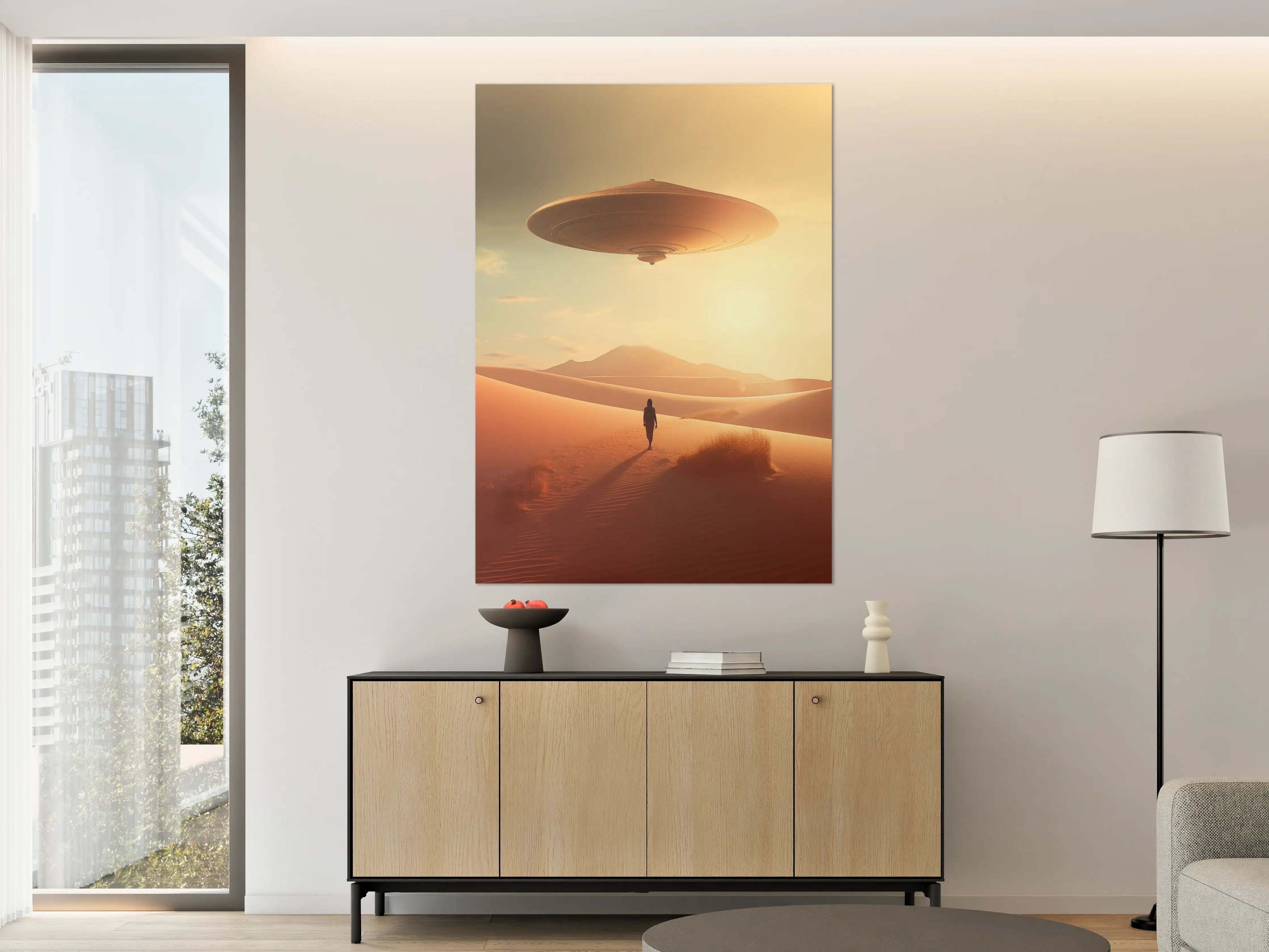 Große Wandbilder - Fantasievolles Szenario mit UFO über Sanddünen bei Sonnenuntergang