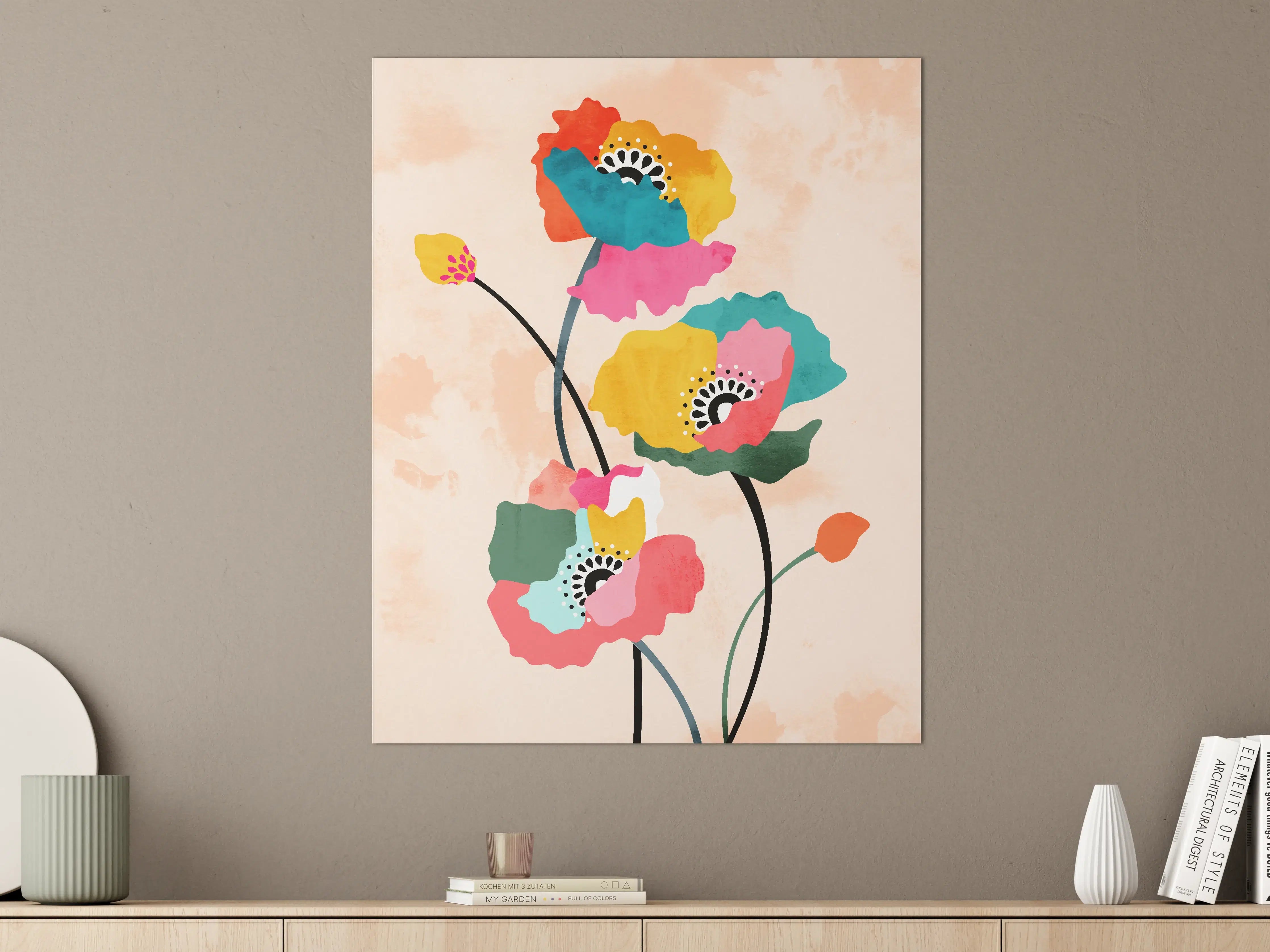 Große Wandbilder - Farbenfrohe Blumenillustration im modernen Stil