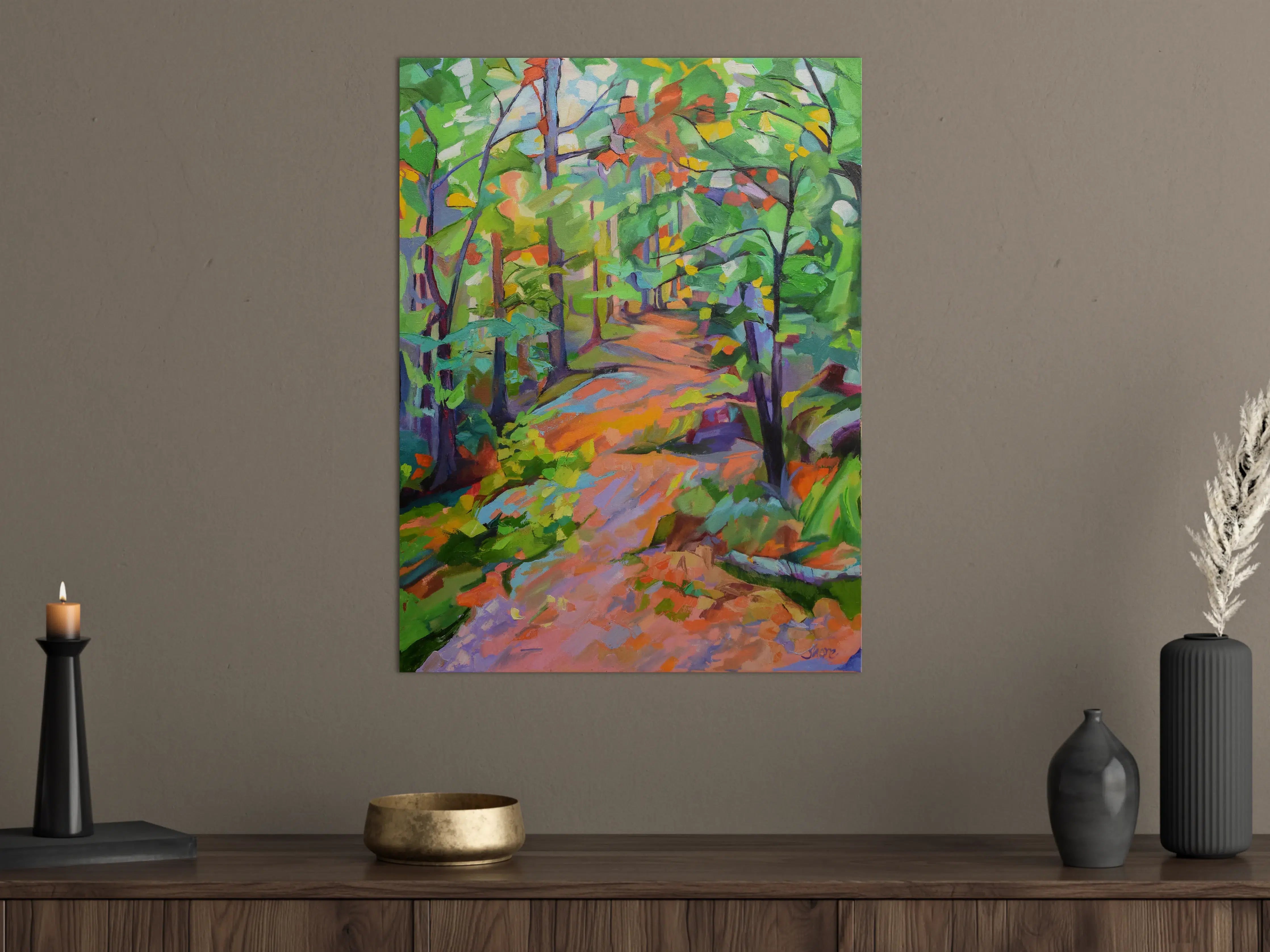 Große Wandbilder - Farbenfroher Waldweg mit Herbstlaub