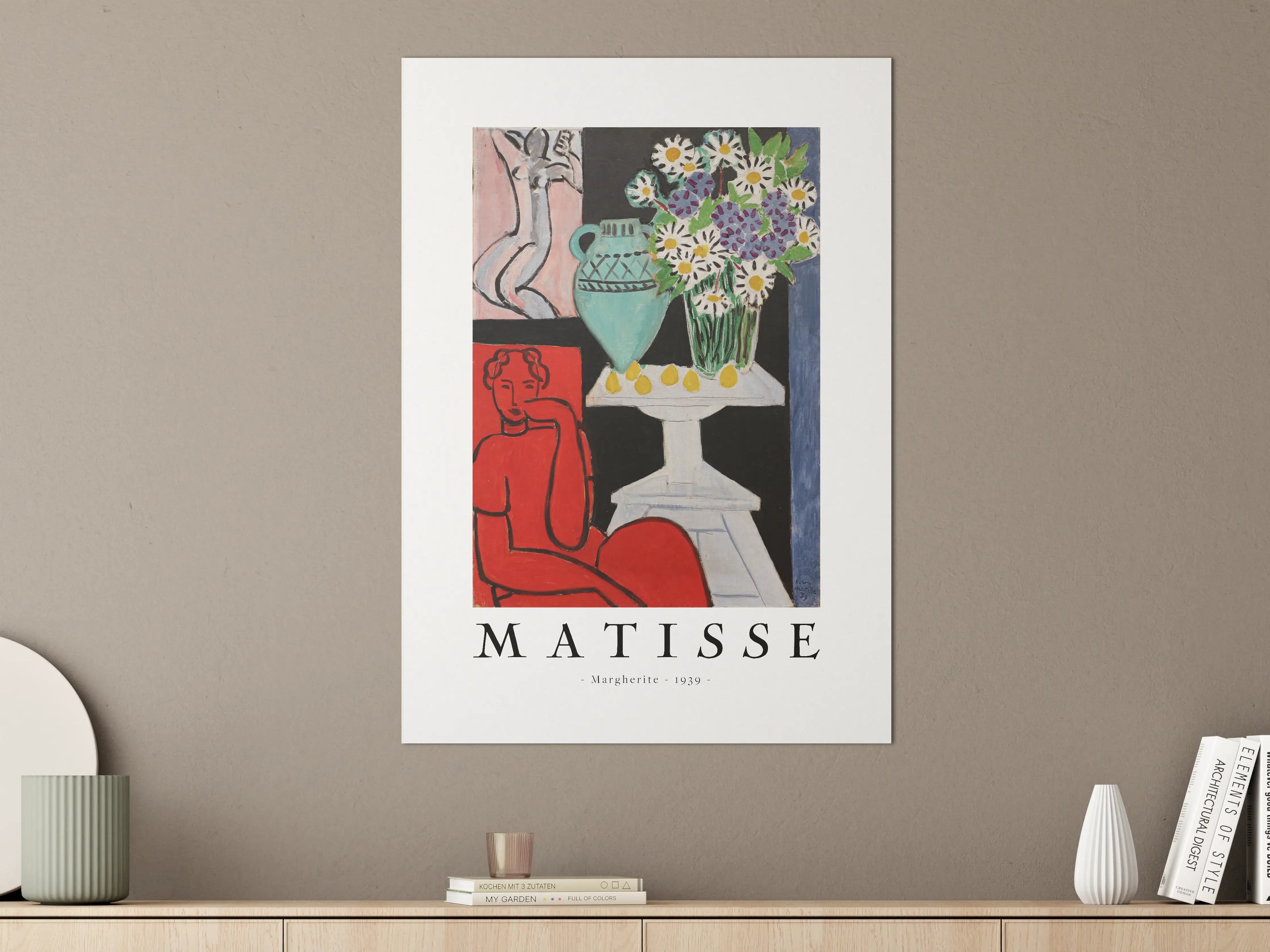 Große Wandbilder - Farbenfrohes Gemälde mit Blumenvase und abstrakter Figur