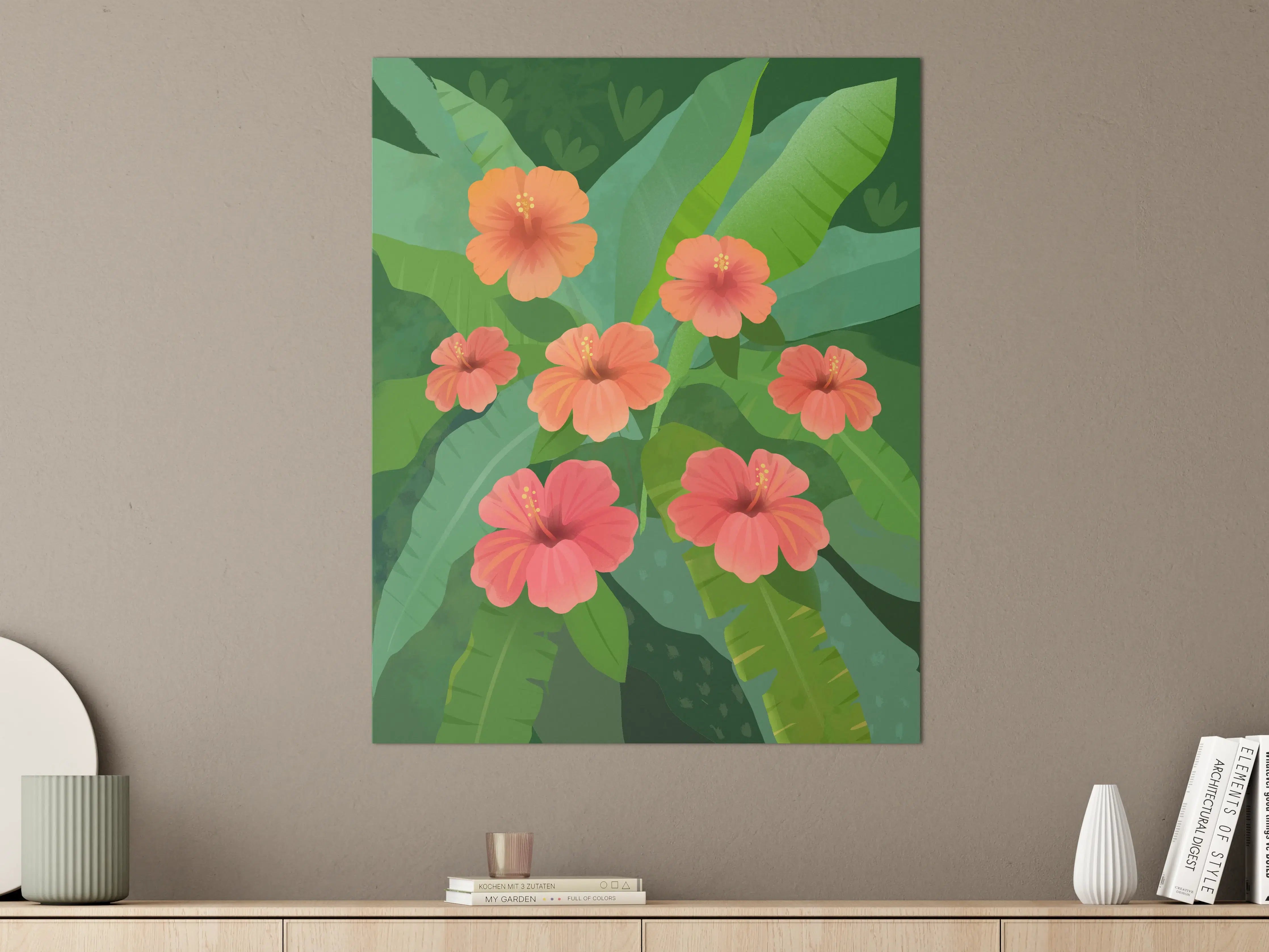 Große Wandbilder - Farbige Hibiskusblumen in grünem Dschungel