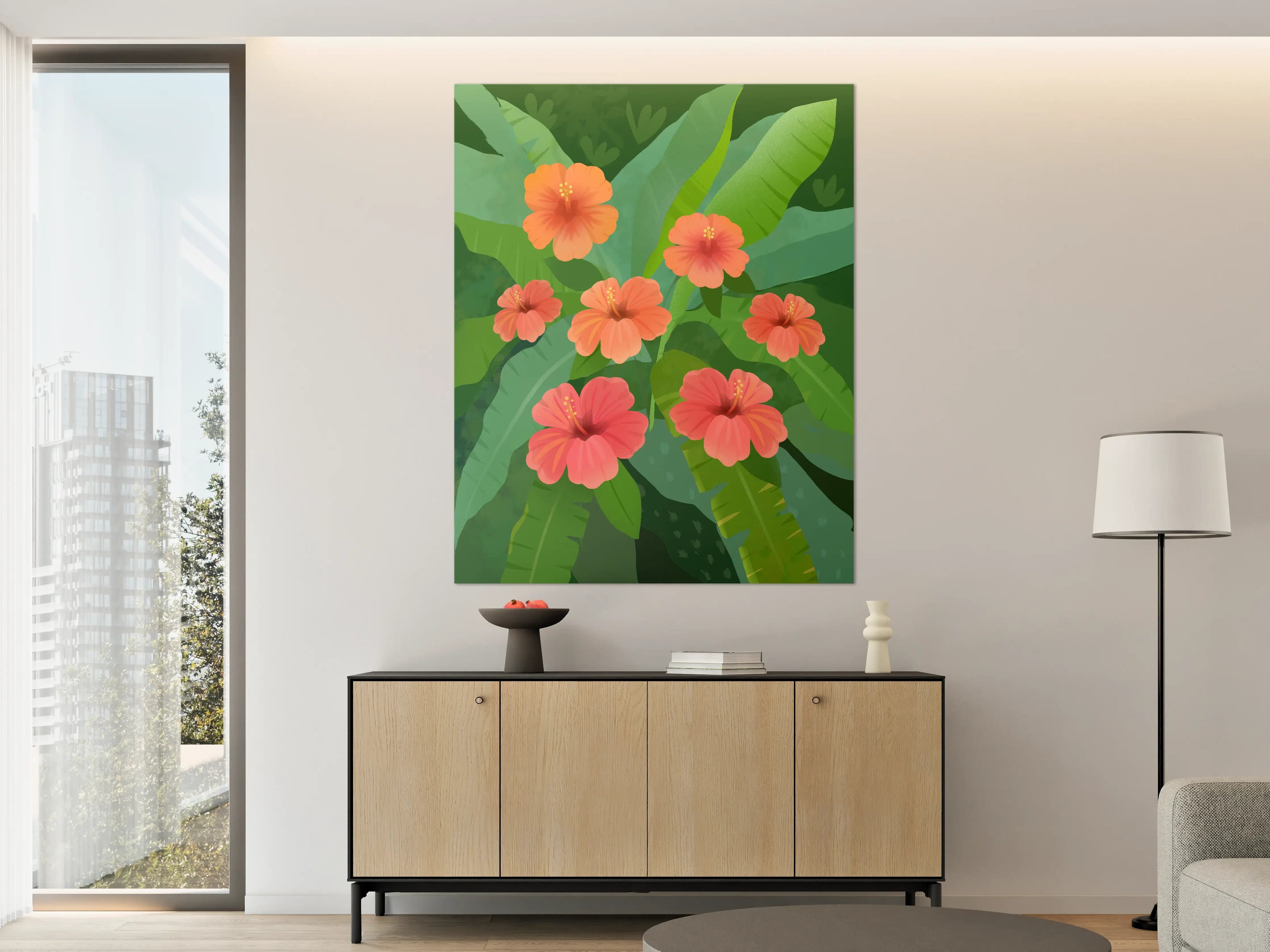 Große Wandbilder - Farbige Hibiskusblumen in grünem Dschungel