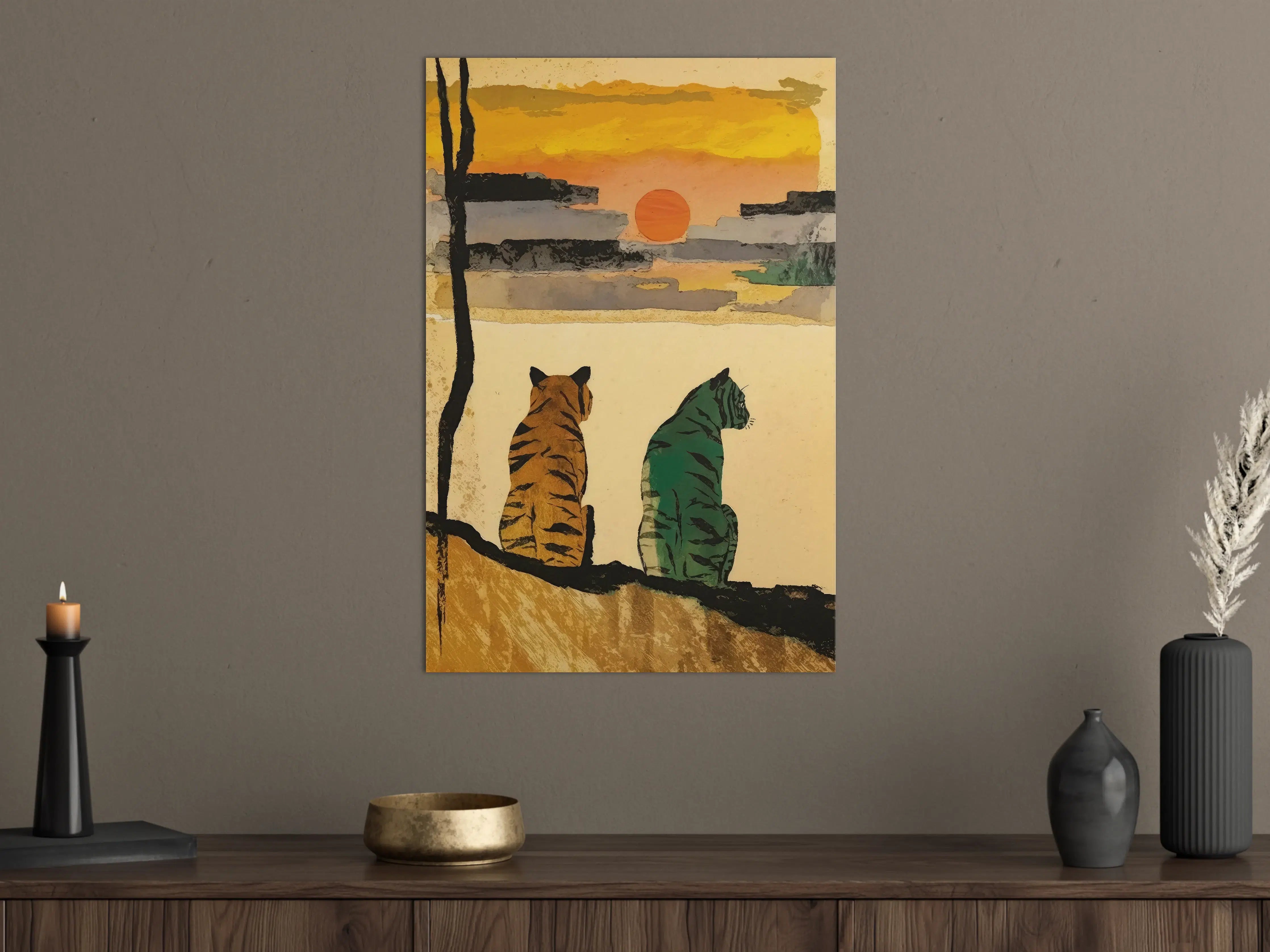 Große Wandbilder - Faszinierender Sonnenuntergang mit Tiger-Illustration