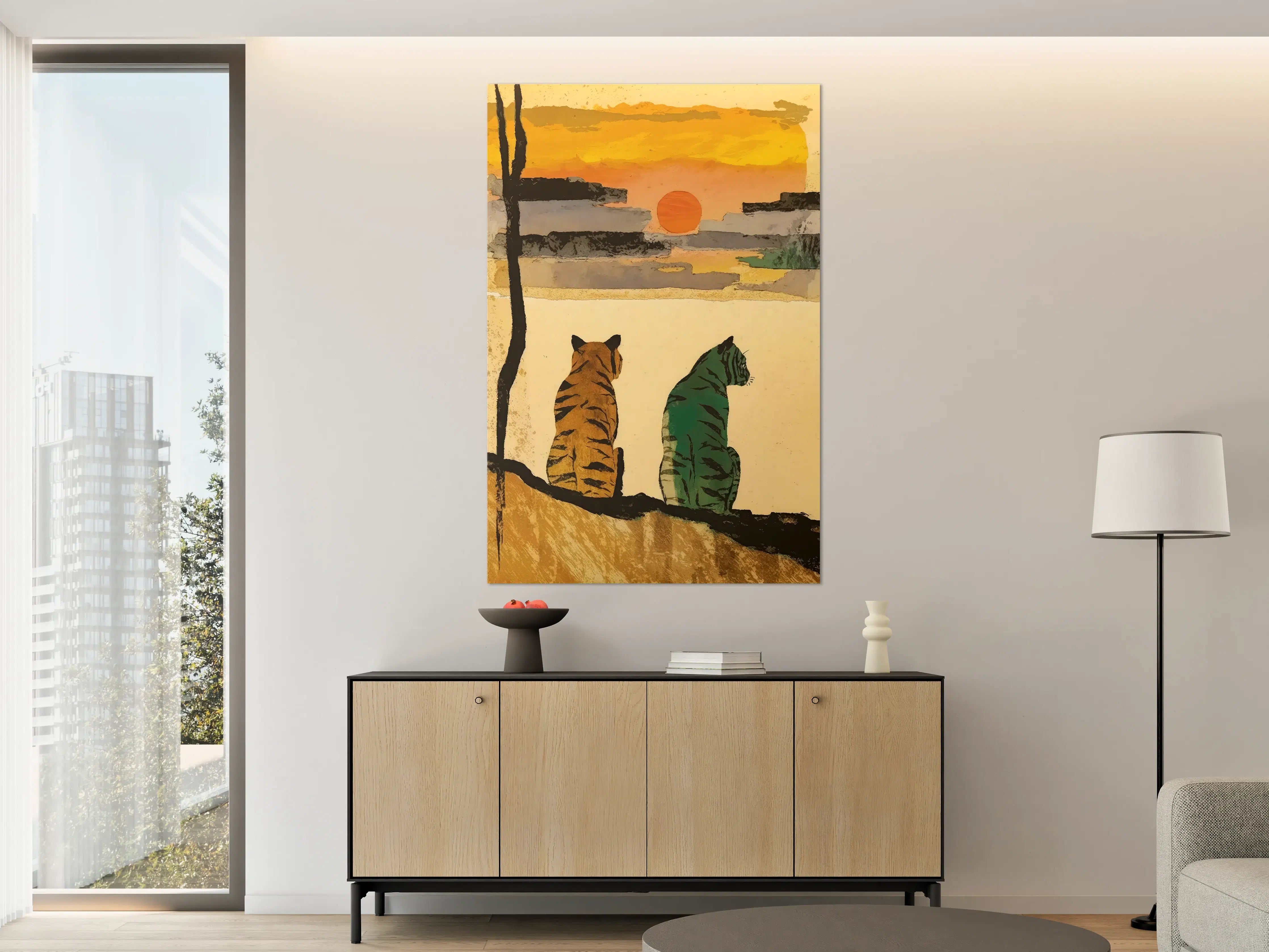 Große Wandbilder - Faszinierender Sonnenuntergang mit Tiger-Illustration