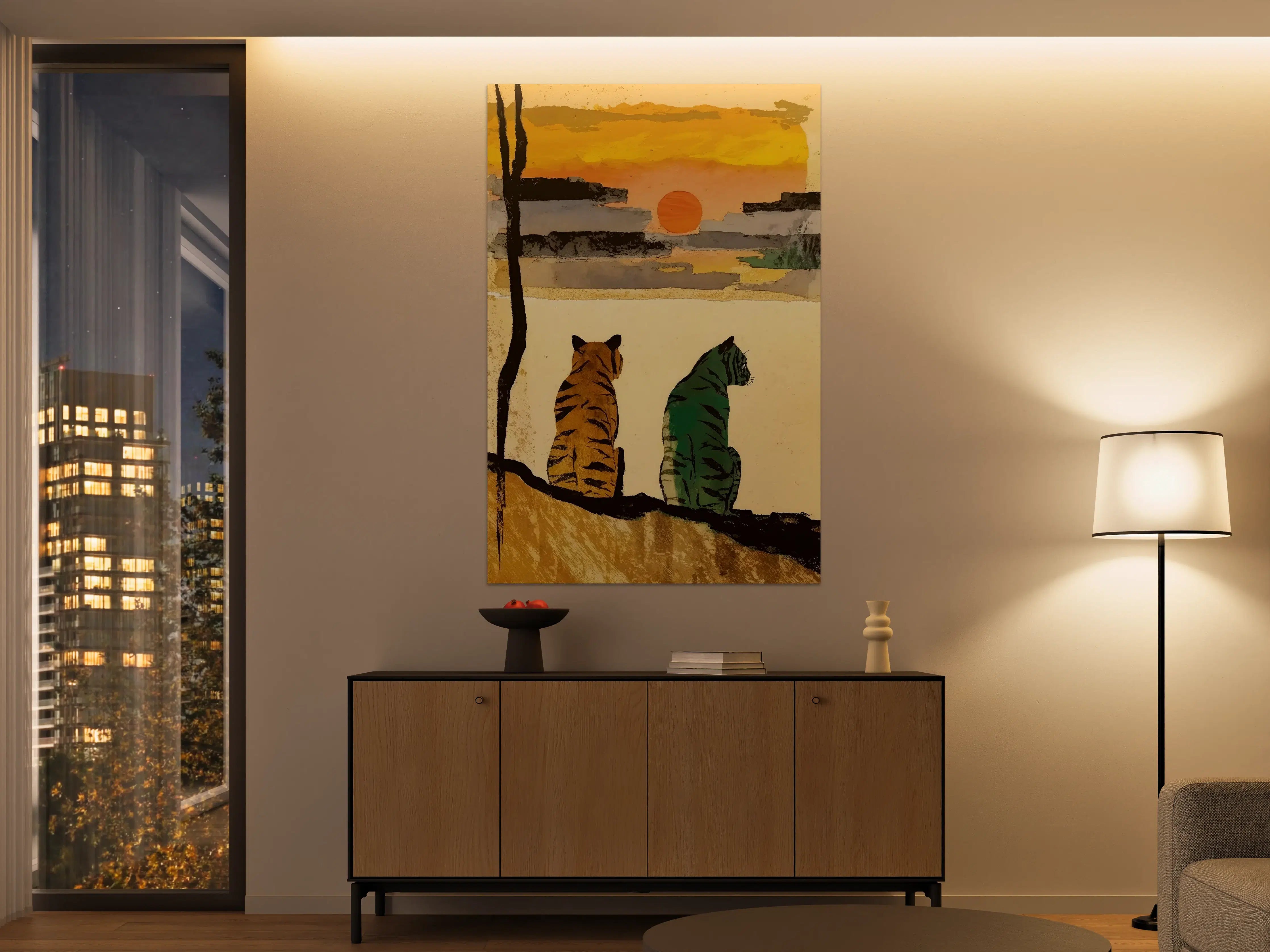 Große Wandbilder - Faszinierender Sonnenuntergang mit Tiger-Illustration