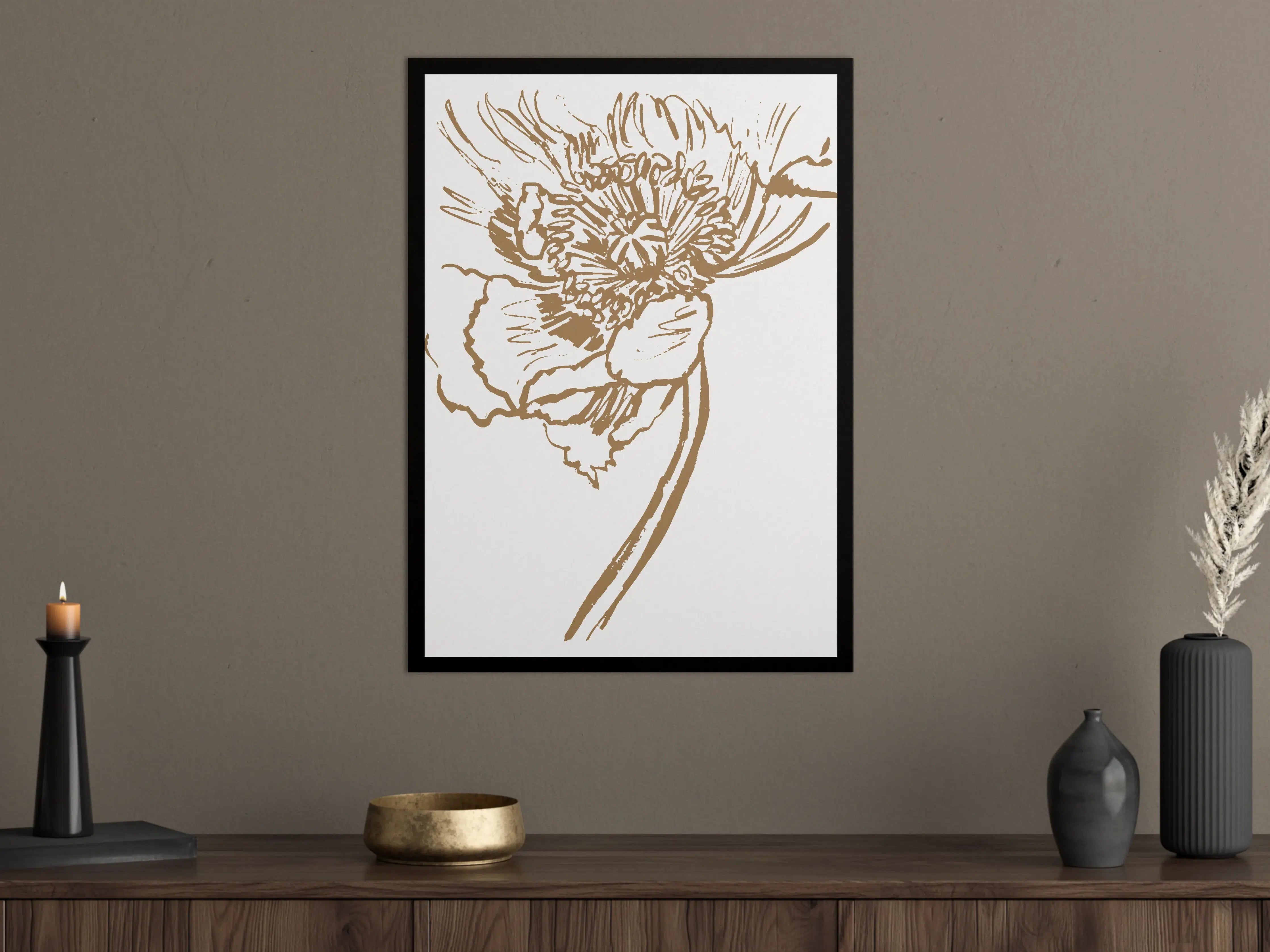 Große Wandbilder - Feine Linienzeichnung einer Blume in Braun