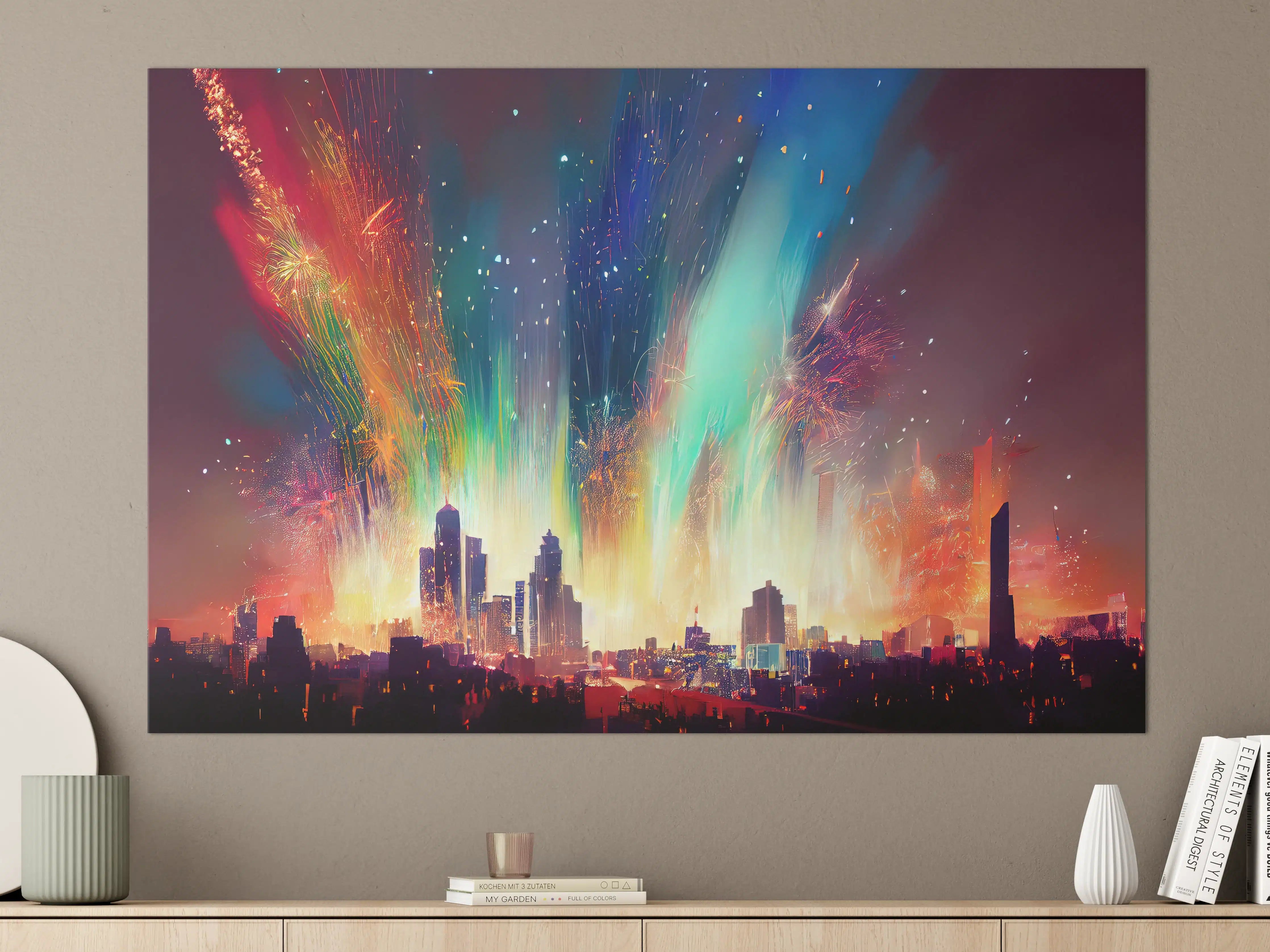 Große Wandbilder - Feuerwerk über Stadt bei Nacht - Illustration