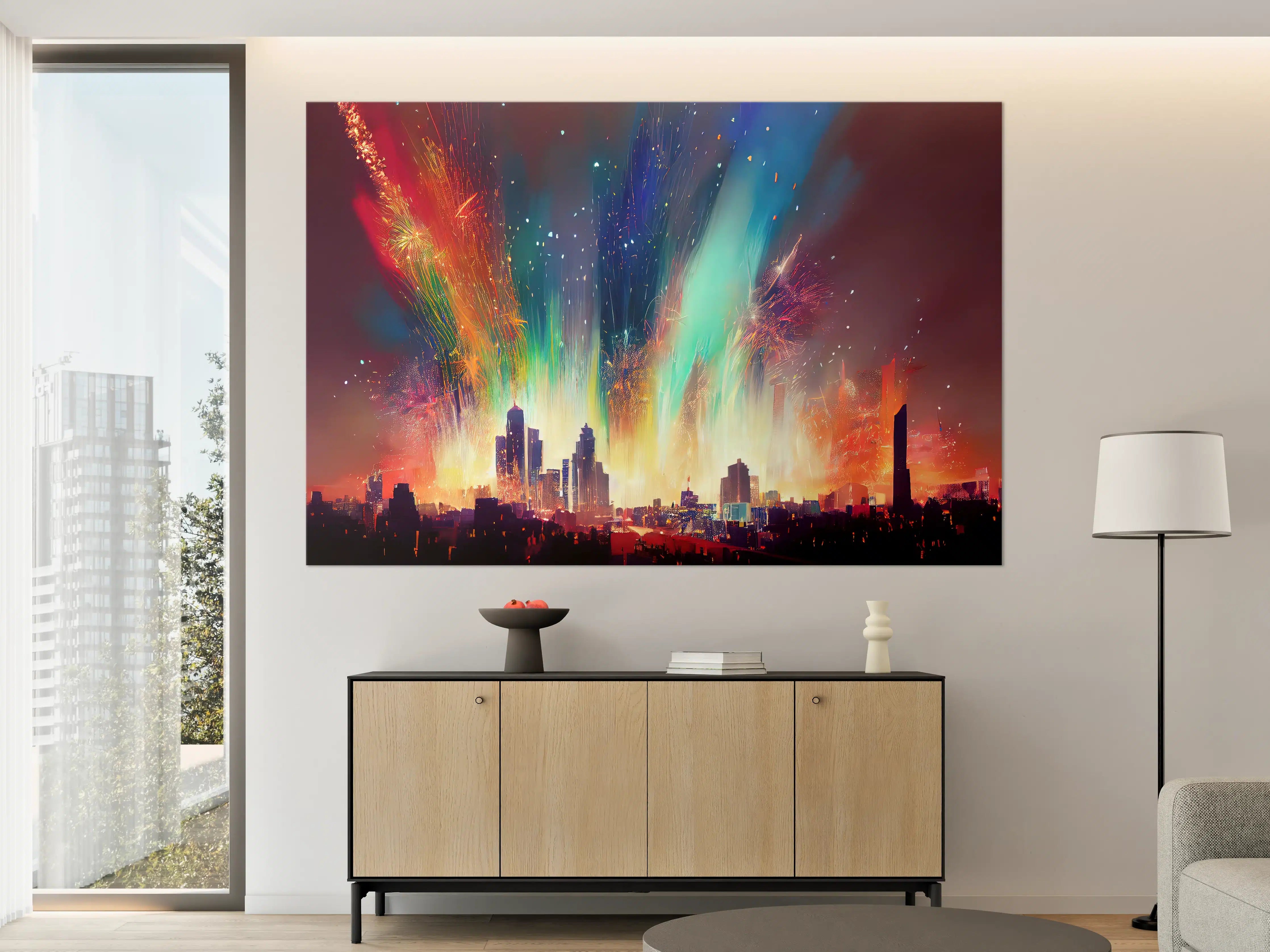 Große Wandbilder - Feuerwerk über Stadt bei Nacht - Illustration