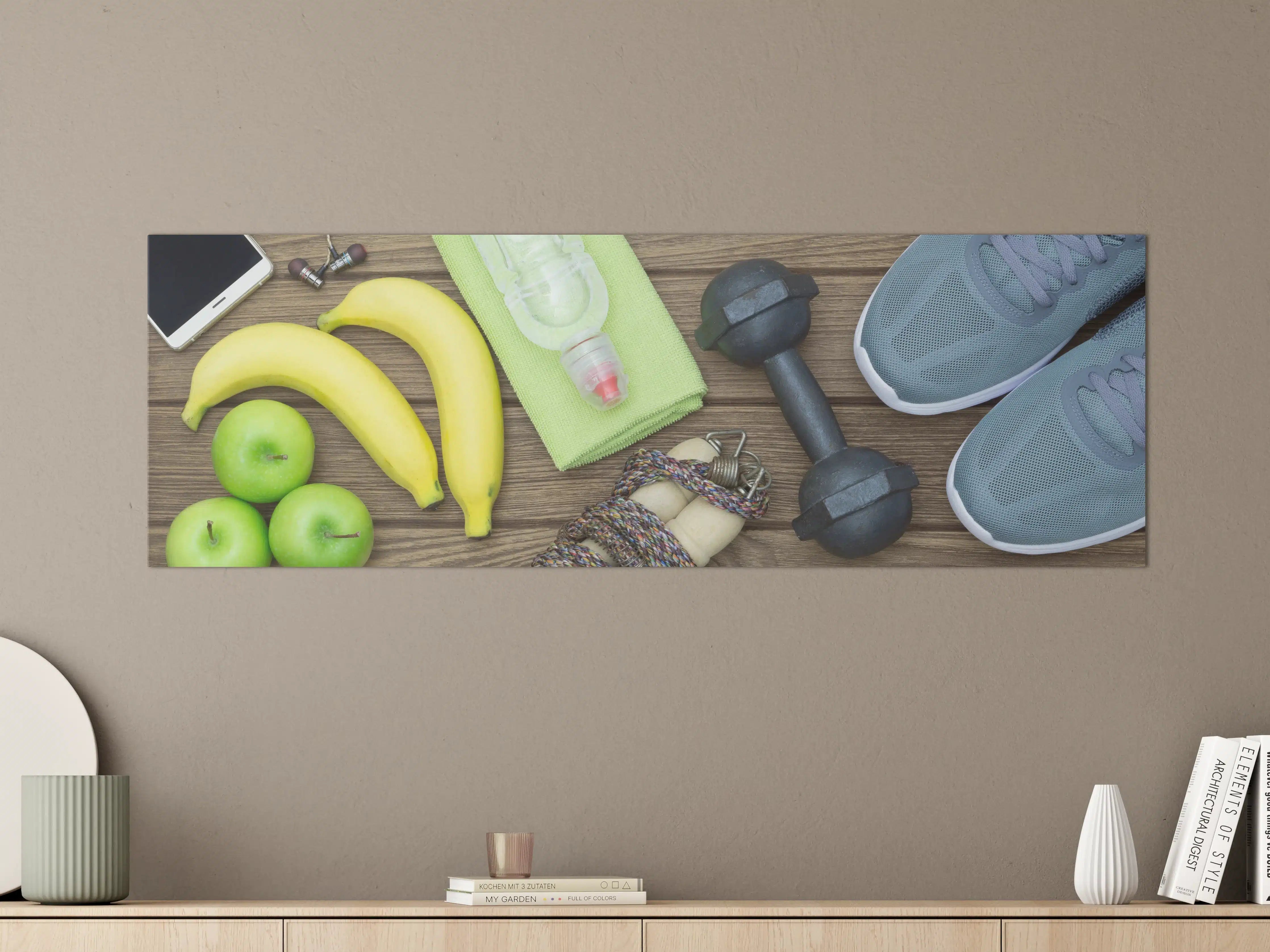 Große Wandbilder - Fitness- und Gesundheitsszene mit Bananen und Hanteln